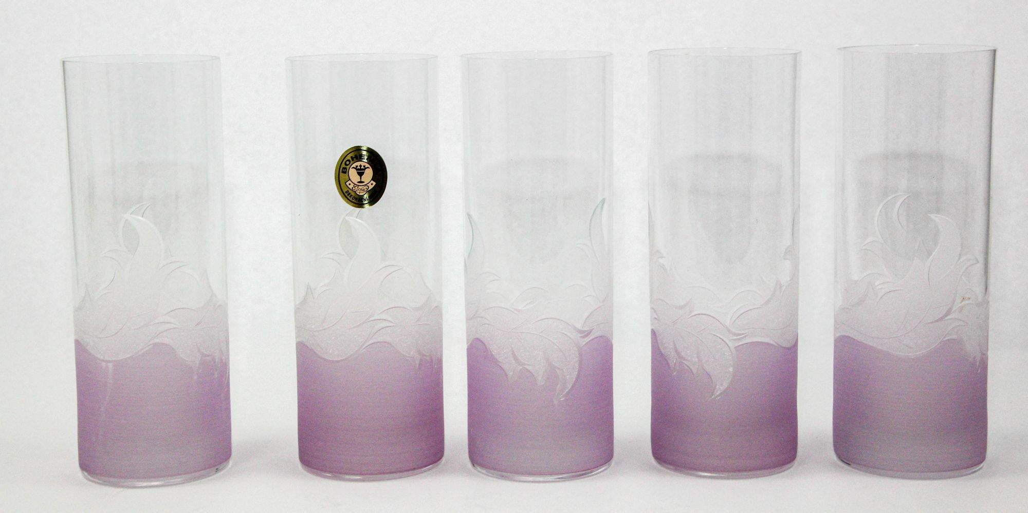 Vintage Etched Lily Highball Tumbler Glasses lilac Bohemia C For Sale 4