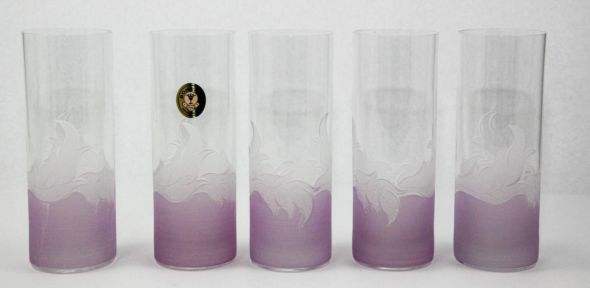 Vintage Etched Lily Highball Tumbler Glasses lilac Bohemia C For Sale 5