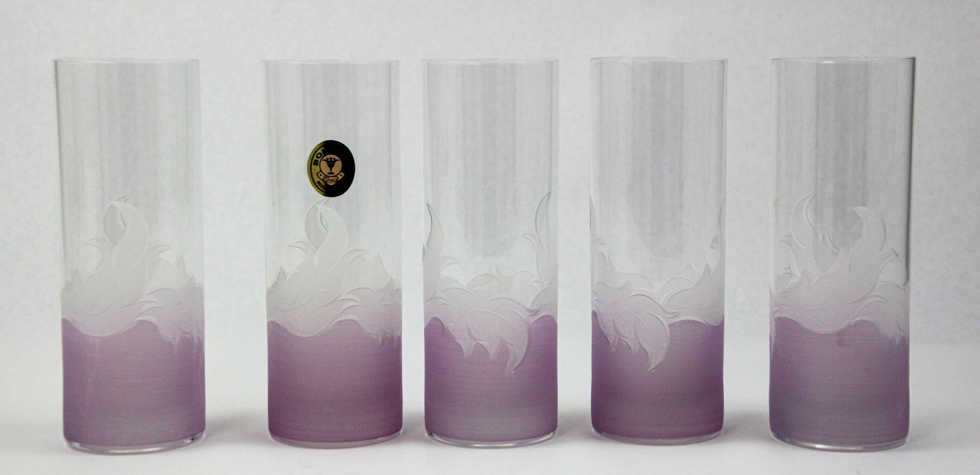 Vintage Etched Lily Highball Tumbler Glasses lilac Bohemia C For Sale 6