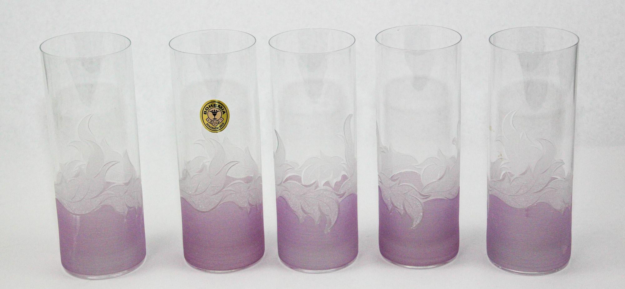 Mouthblown, hand-engraved crystal glass, very light and delicate set of 5 tumbler highball glasses.
Serve up classic and chilled cocktails in this Bohemia highball glasses in a lavender frosted color foliage bottom design.
This tall, narrow glasses