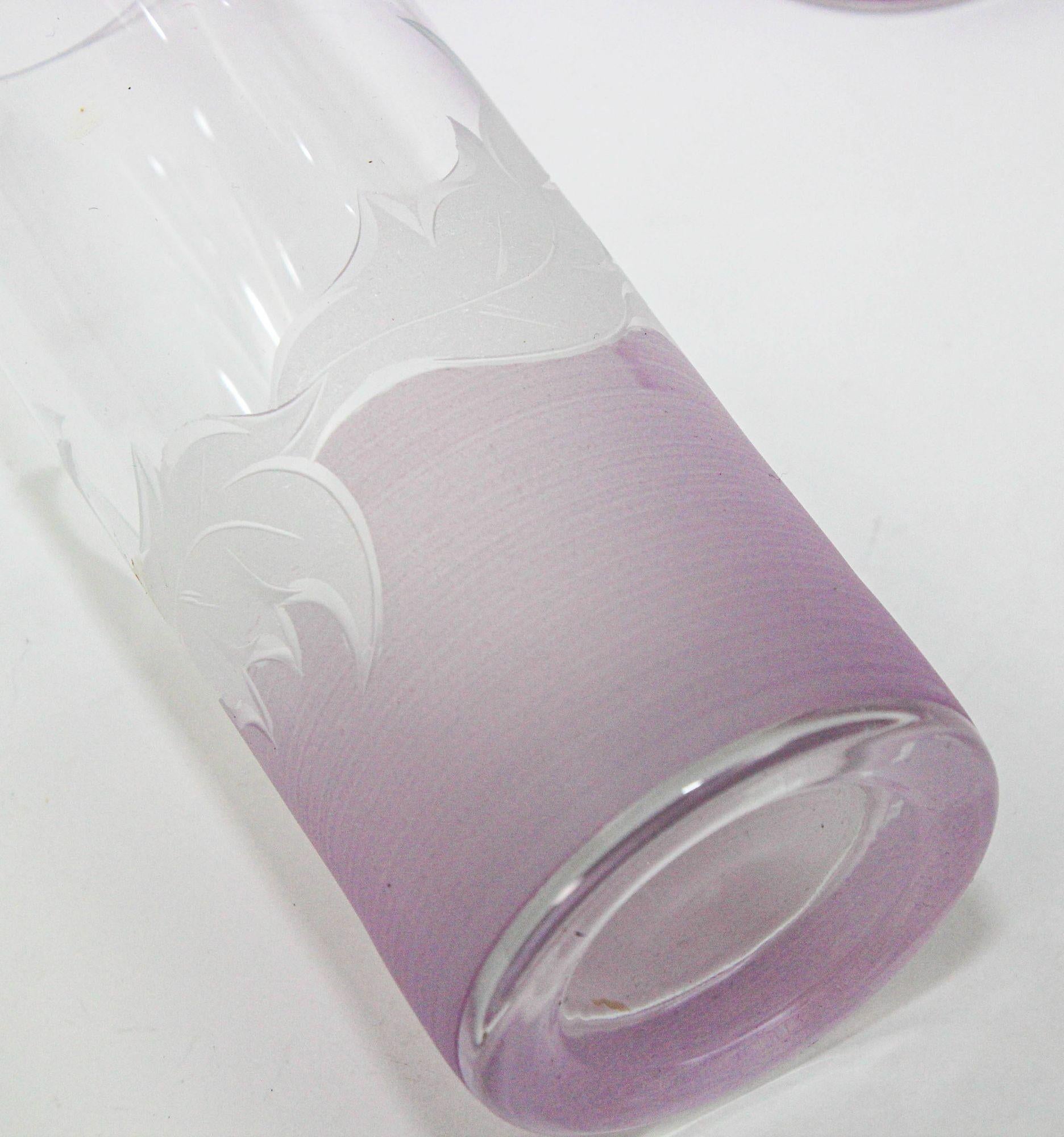 Hollywood Regency Vintage Etched Lily Highball Tumbler Glasses lilac Bohemia C For Sale