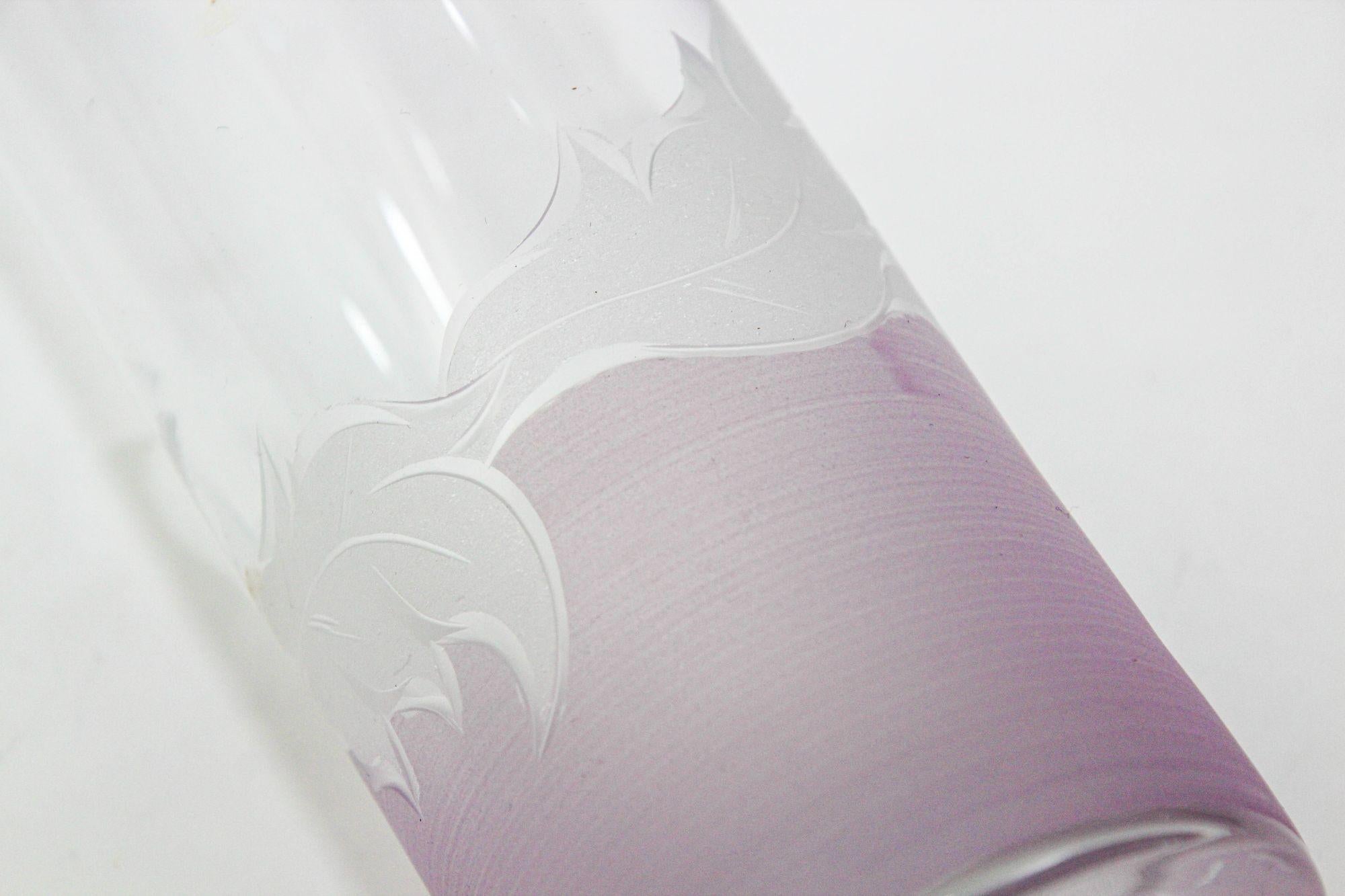 Czech Vintage Etched Lily Highball Tumbler Glasses lilac Bohemia C For Sale