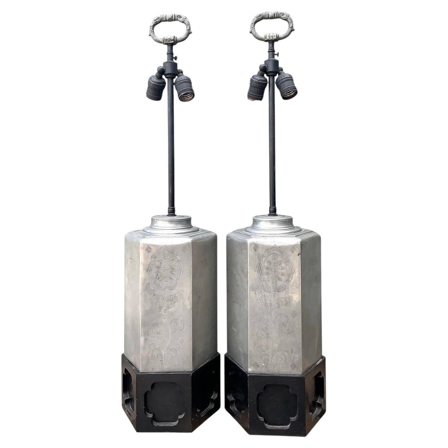 Vintage Etched Metal Lamps - A Pair For Sale