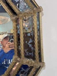 Vintage Etched Murano Glass Venetian Style Octagonal Mirror