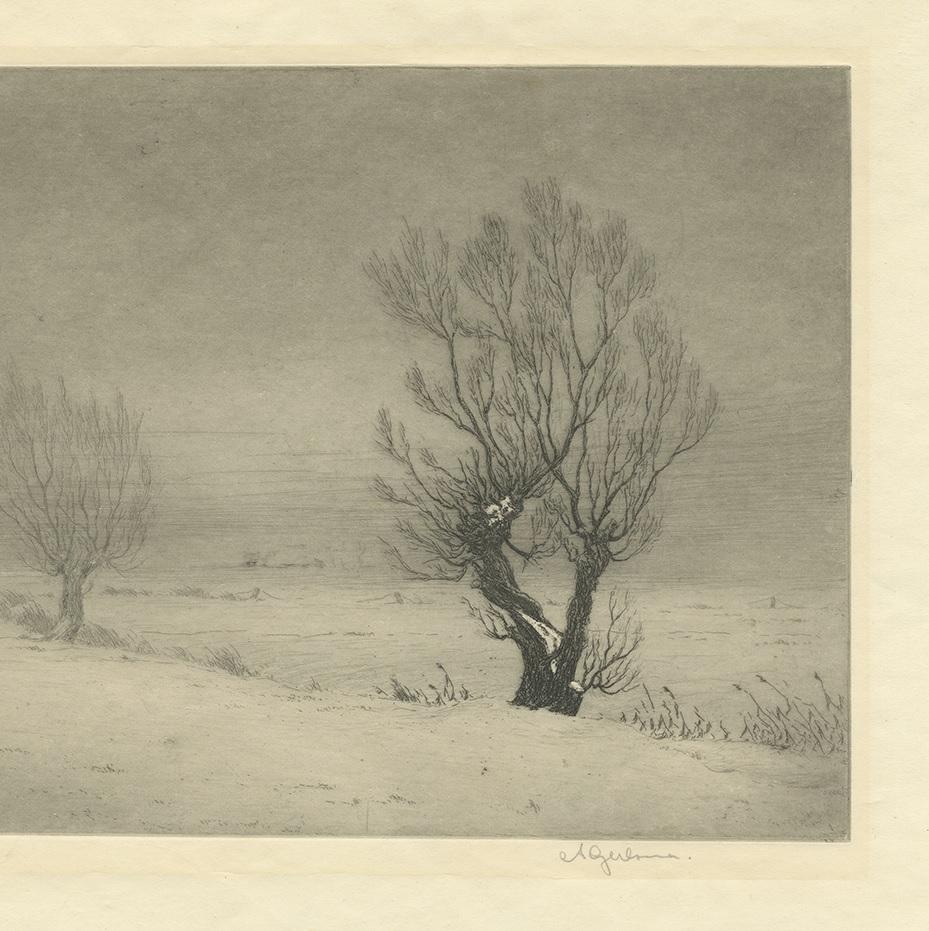 20ième siècle Gravure vintage d'un paysage d'hiver par Gerlsma, circa 1960 en vente