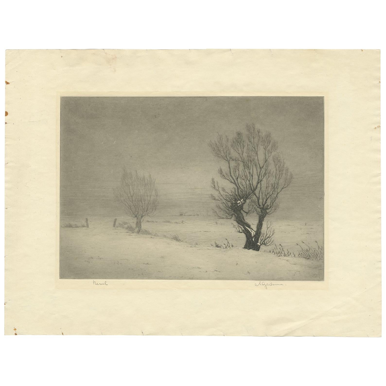 Vintage Etching of a Winter Landscape by Gerlsma, circa 1960 For Sale