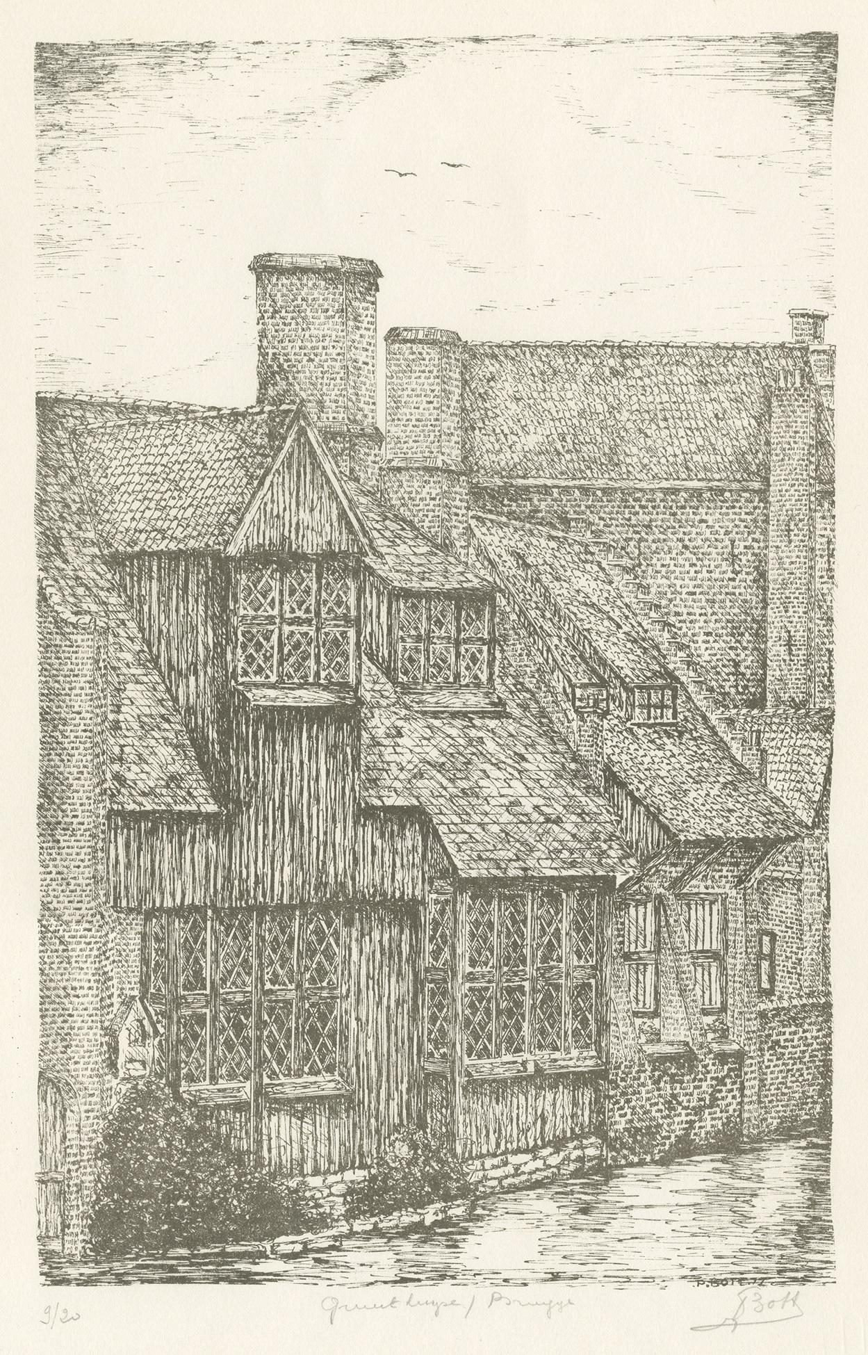 Etching titled 'Gruuthuyse/Brugge'. Signed (P. Bott?). Little is know about this etching but it possible depicts the 'Gruuthuse' in Bruges, Belgium.