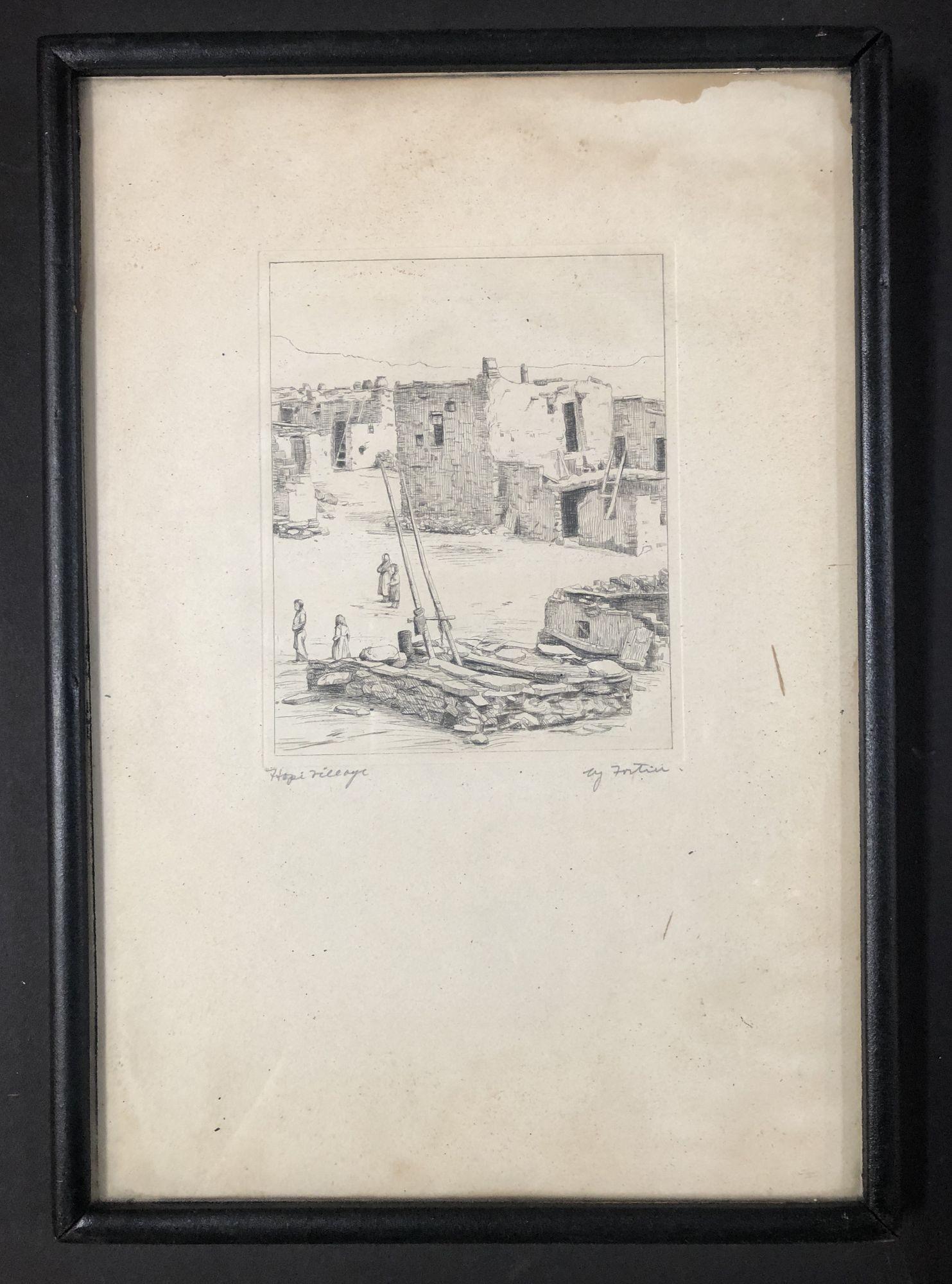 American Vintage Etching of Hopi Village by Kiva H. Fortier For Sale
