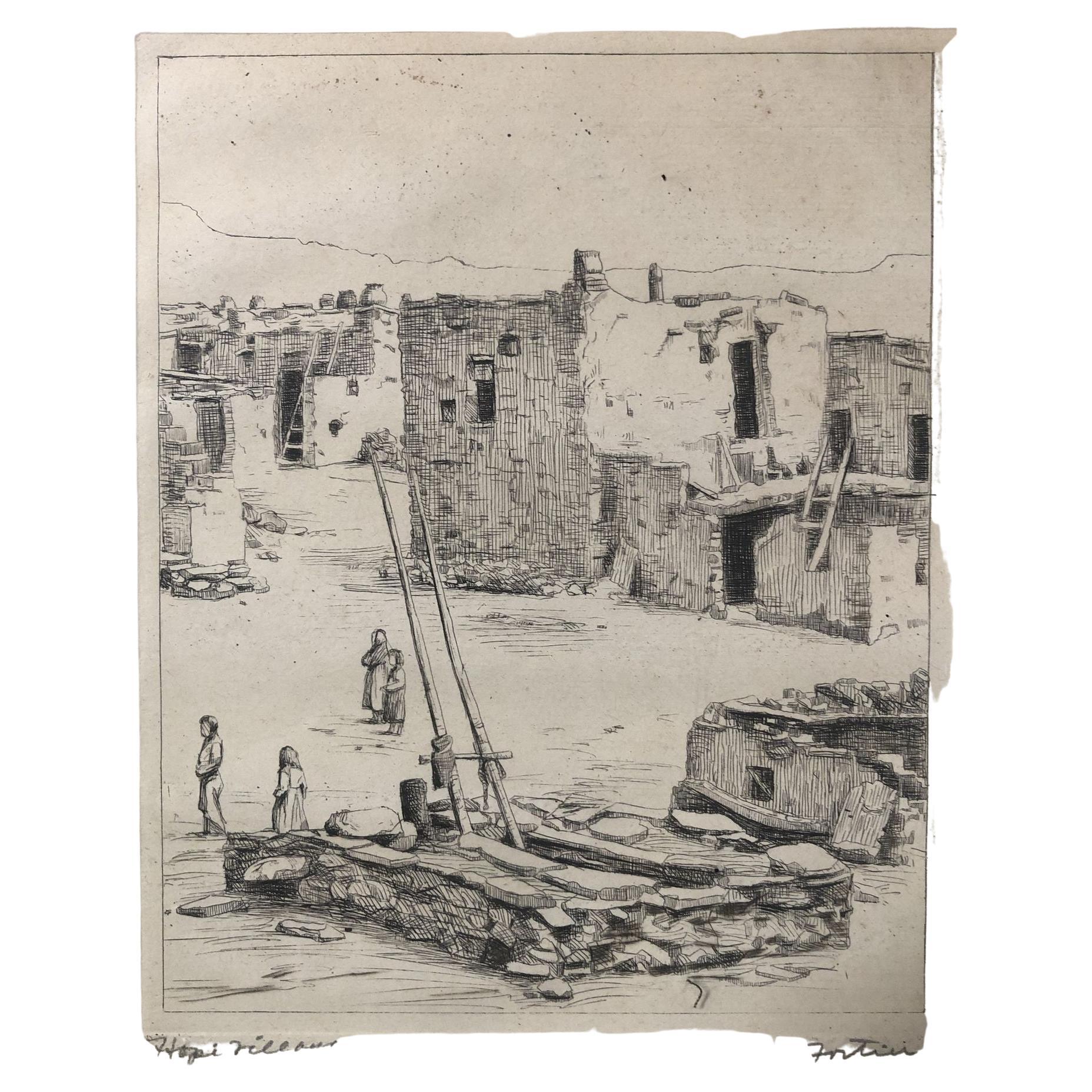 Vintage Etching of Hopi Village by Kiva H. Fortier For Sale