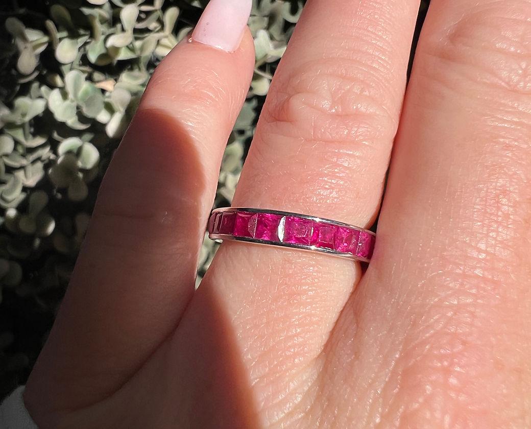 Princess Cut Vintage Eternity Band Ring in White Gold and Natural Rubies For Sale