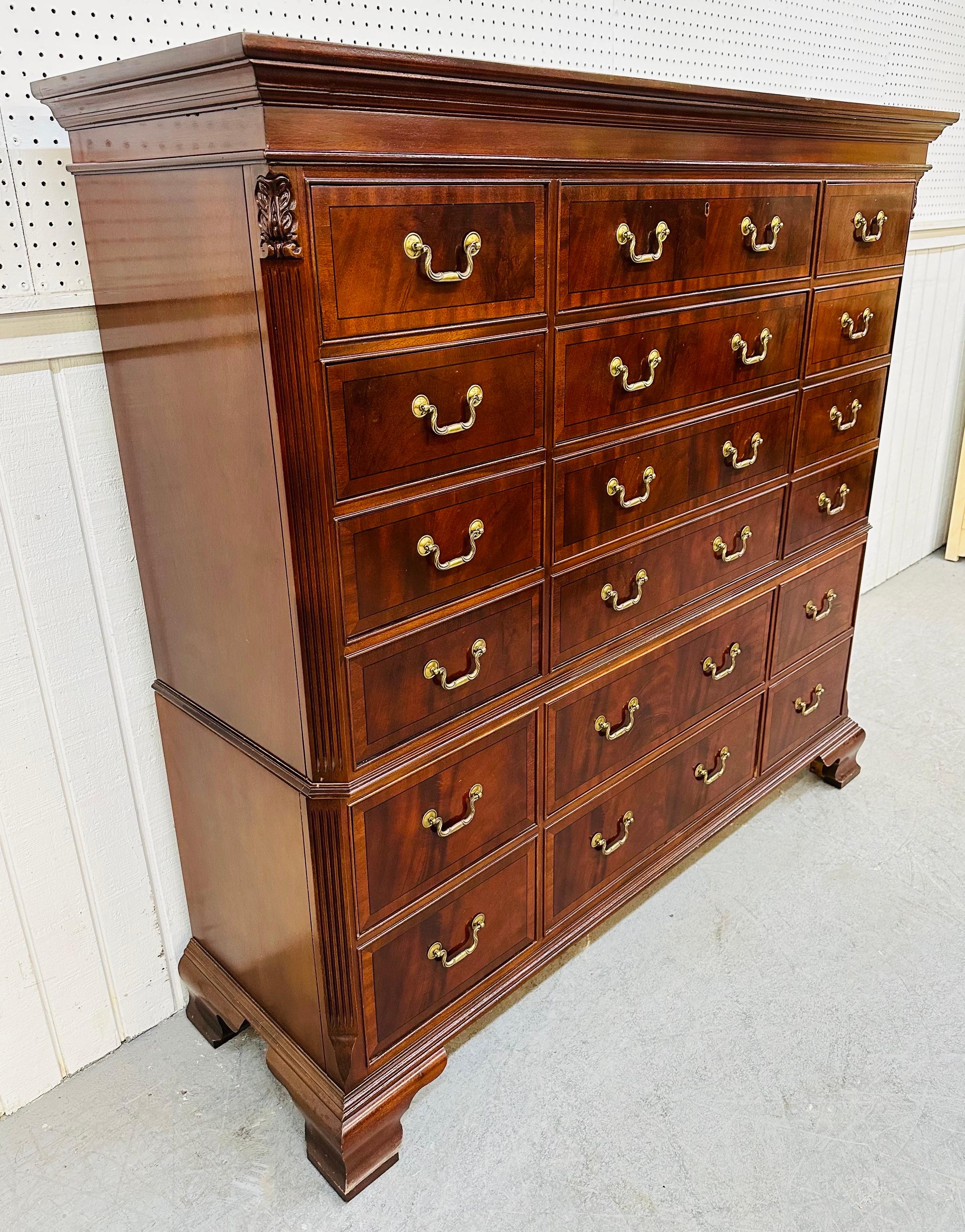 This listing is for a Vintage Ethan Allen “18th Century” Mahogany Chest of Drawers. Featuring a straight line design, rectangular top, eighteen drawers for storage, original hardware, and a beautiful mahogany finish. This is an exceptional