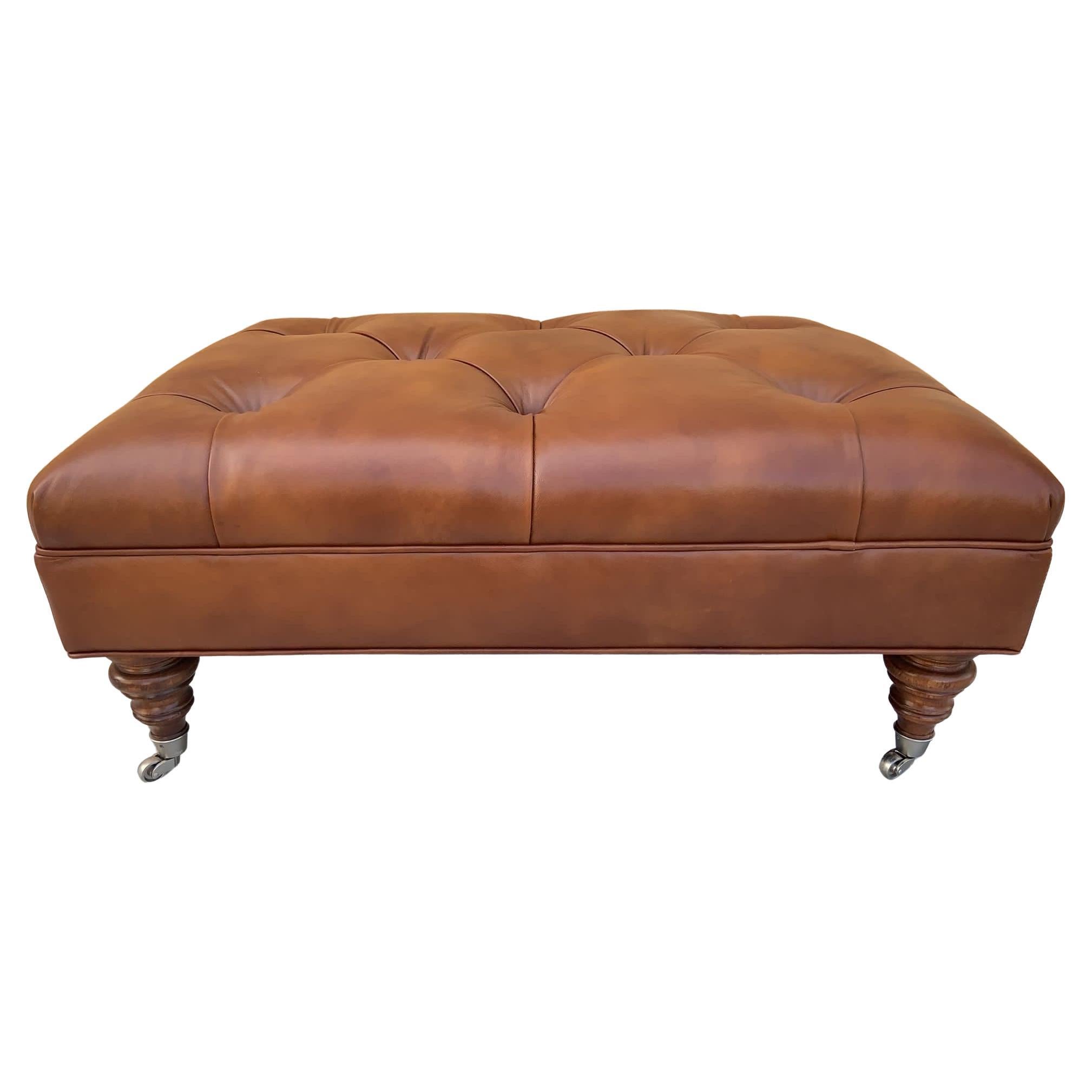Vintage English Chesterfield Style Leather Tufted Ottoman