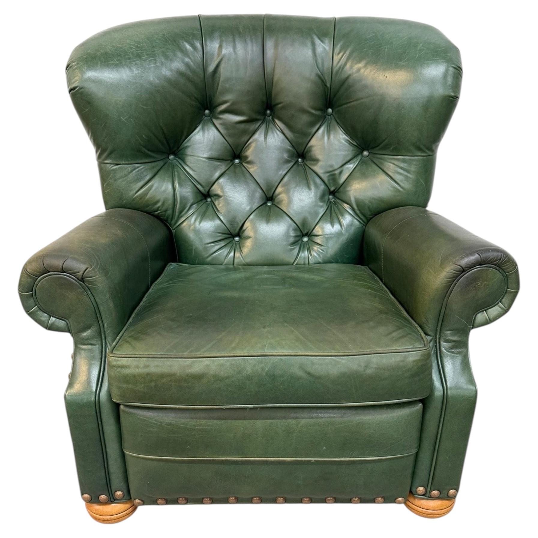Vintage Ethan Allen Forrest Green Leather Chesterfield Reclining Lounge Chair