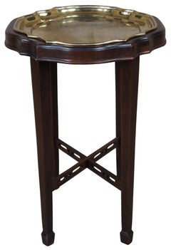 Vintage Ethan Allen Georgian Court Cherry Scalloped Brass Tray Drink Table