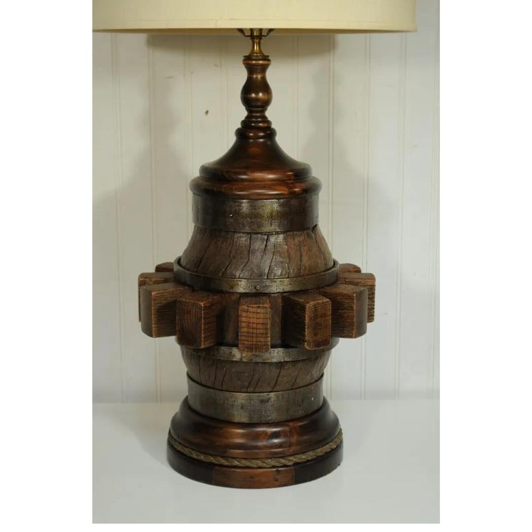 Vintage Ethan Allen Pine Cogwheel Nautical Rope Table Reading Lamp with Shade. Item featured is a heavy and unique lamp with 3-way illumination, believed to be Ethan Allen. Circa 1970s. Measurements: 36