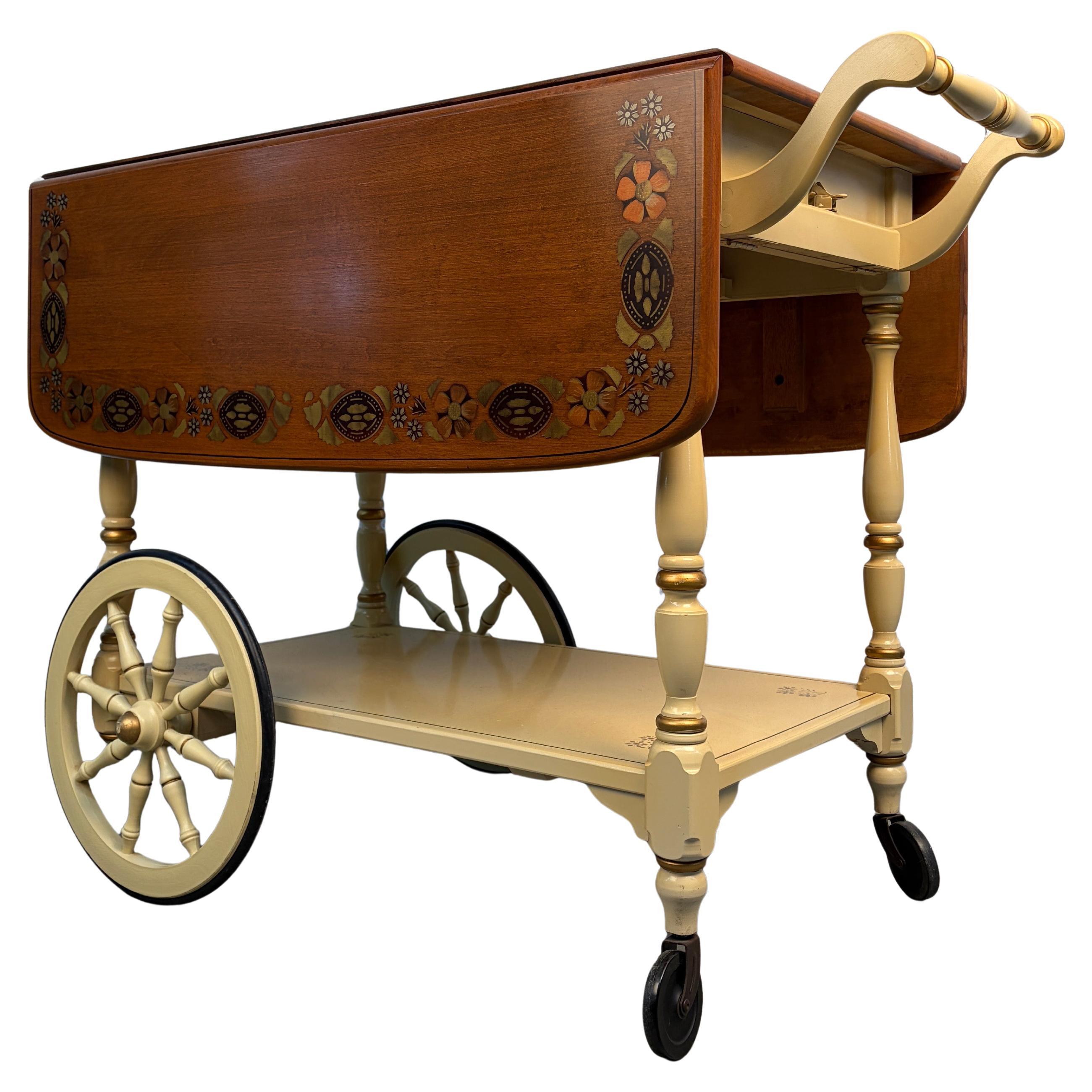 Vintage Ethan Allen Stenciled Drop Leaf Tea Cart For Sale