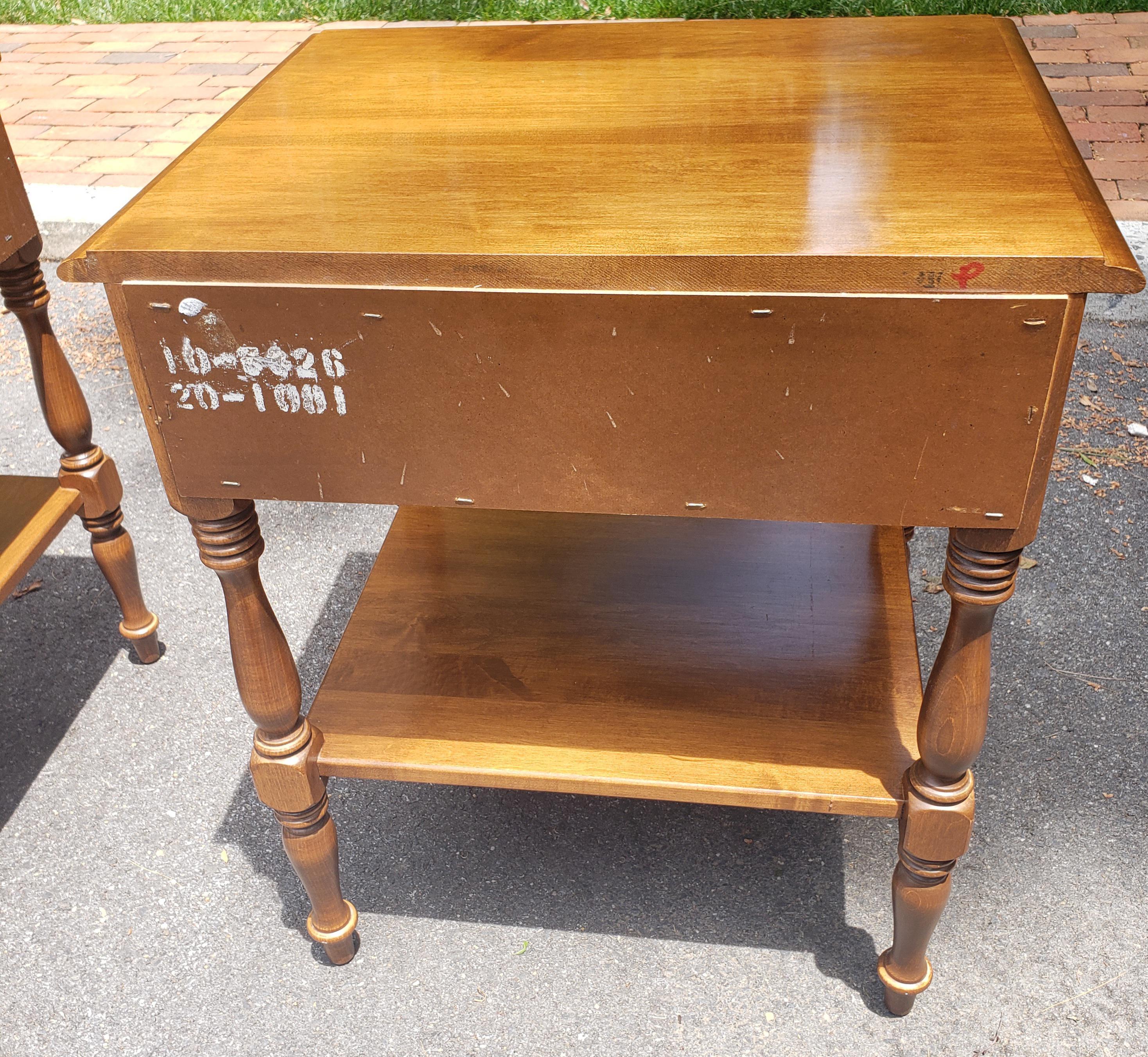 Late 20th Century Vintage Ethan Allen Tall Solid Maple One Drawer Two Tier Side Tables, a Pair