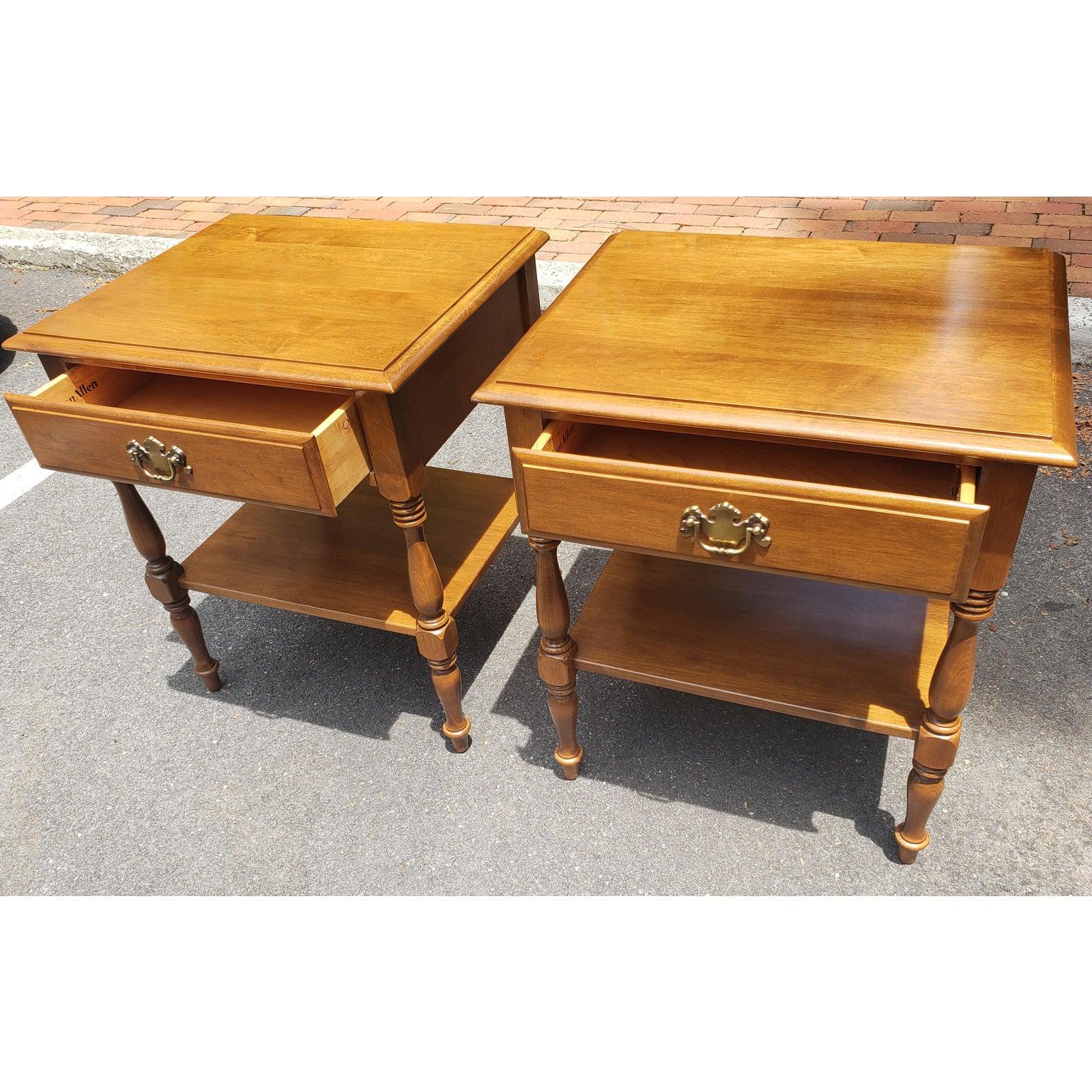 Magnificent pair of solid maple vintage side tables / nightstands. Two tier tables with one drawer and one shelf.
Tables measures 22.5? wide x 18 3/8? deep x 26H tall.

W 3LRL
 