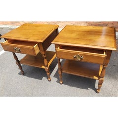 Vintage Ethan Allen Tall Solid Maple One Drawer Two Tier Side Tables, a Pair