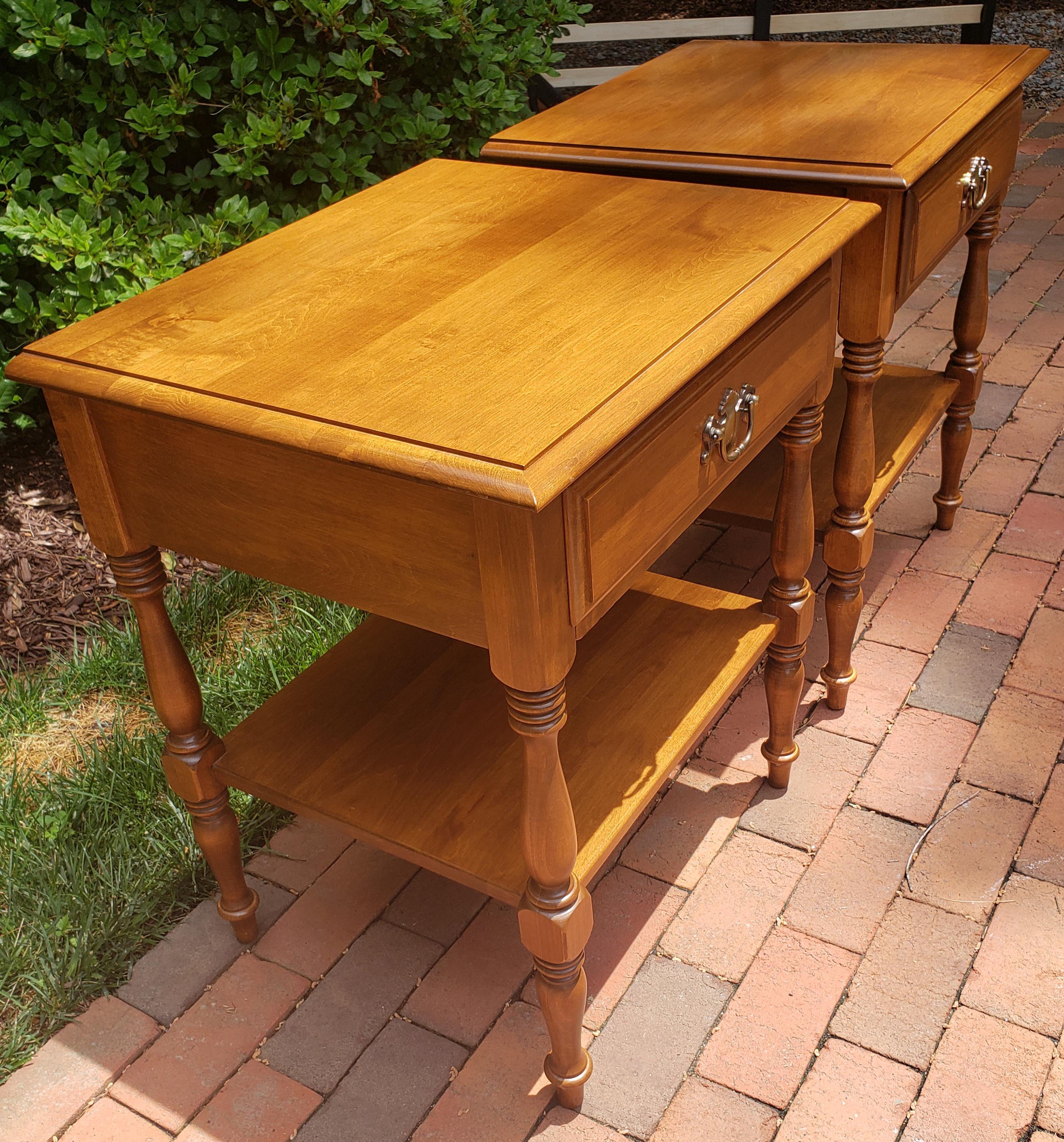 North American Vintage Ethan Allen Tall Solid Maple One Drawer Two Tier Side Tables, a Pair