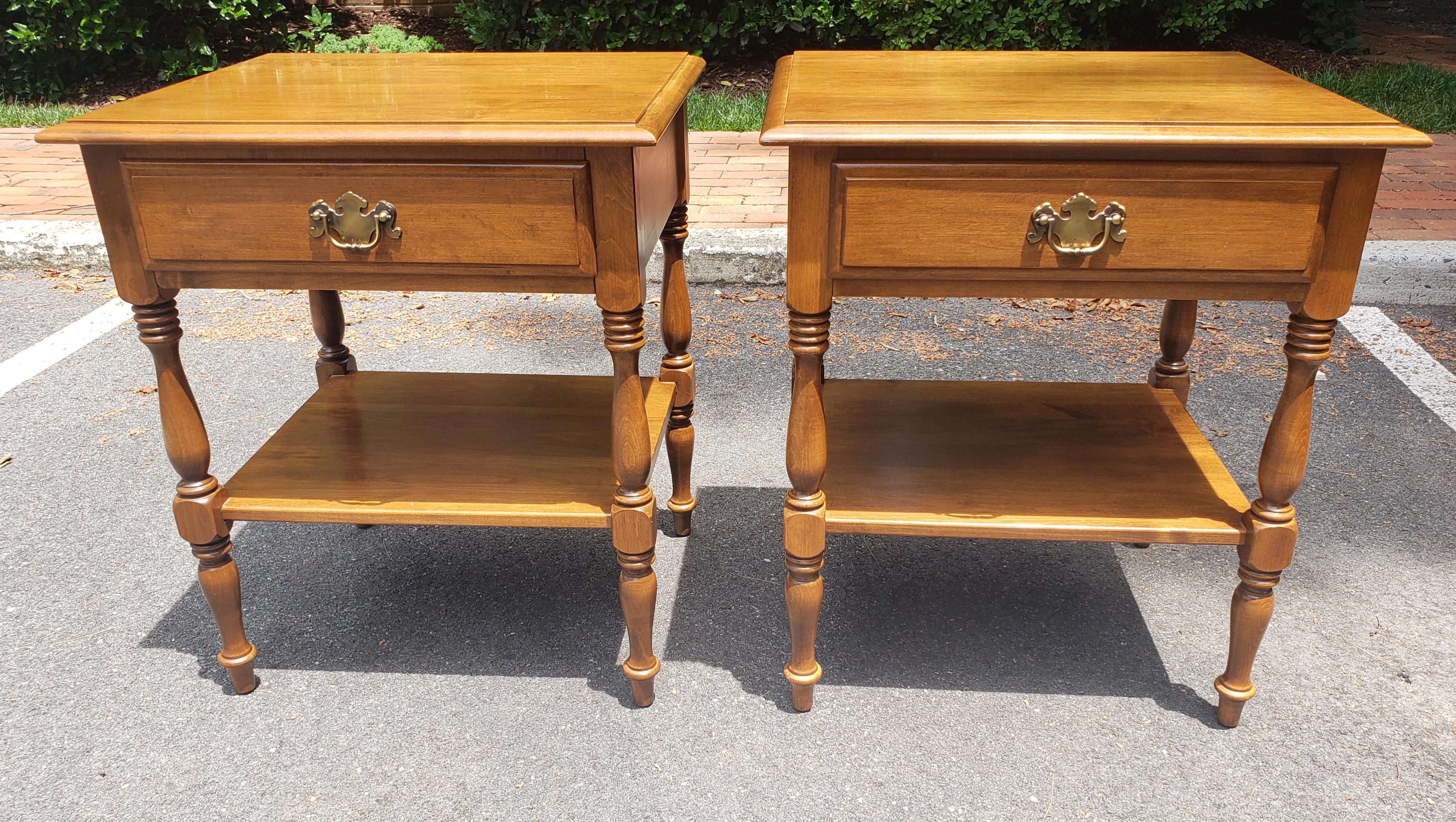 Vintage Ethan Allen Tall Solid Maple One Drawer Two Tier Side Tables, a Pair In Good Condition In Germantown, MD