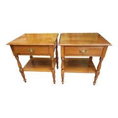 Vintage Ethan Allen Tall Solid Maple One Drawer Two Tier Side Tables, a Pair