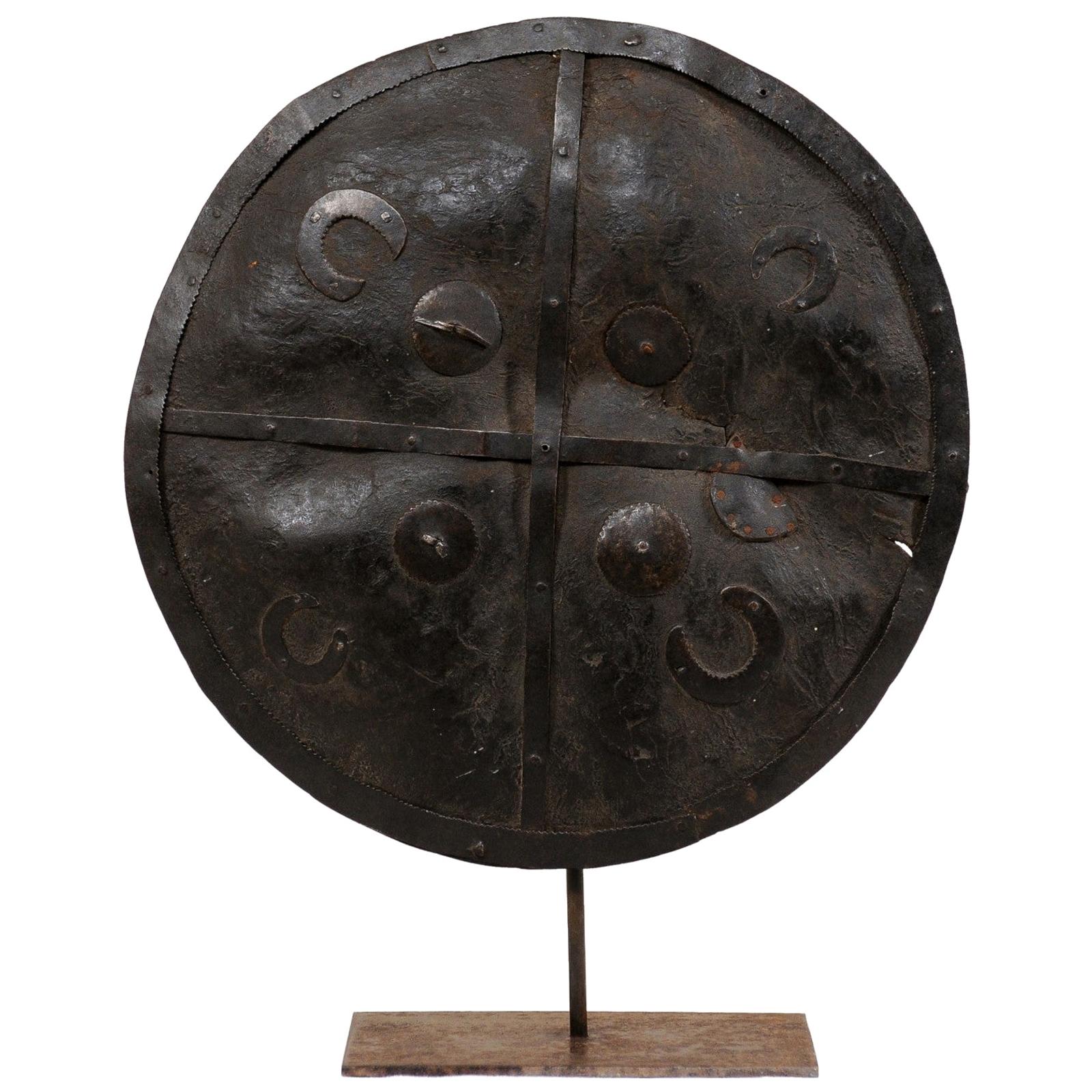 Vintage Ethiopian Leather Shield on Custom Iron Stand For Sale