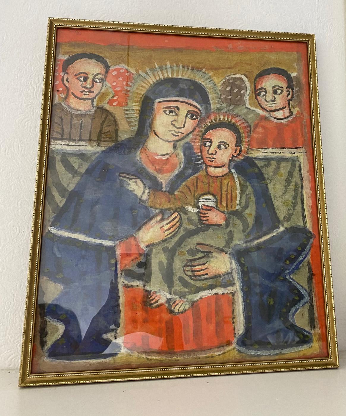A charming vintage Ethiopian painting of the Madonna with baby Jesus flanked by angels.
The Ethiopian iconography of the Virgin and Child draws on the Byzantine iconic tradition, going back at least to the sixth century in which the Virgin is