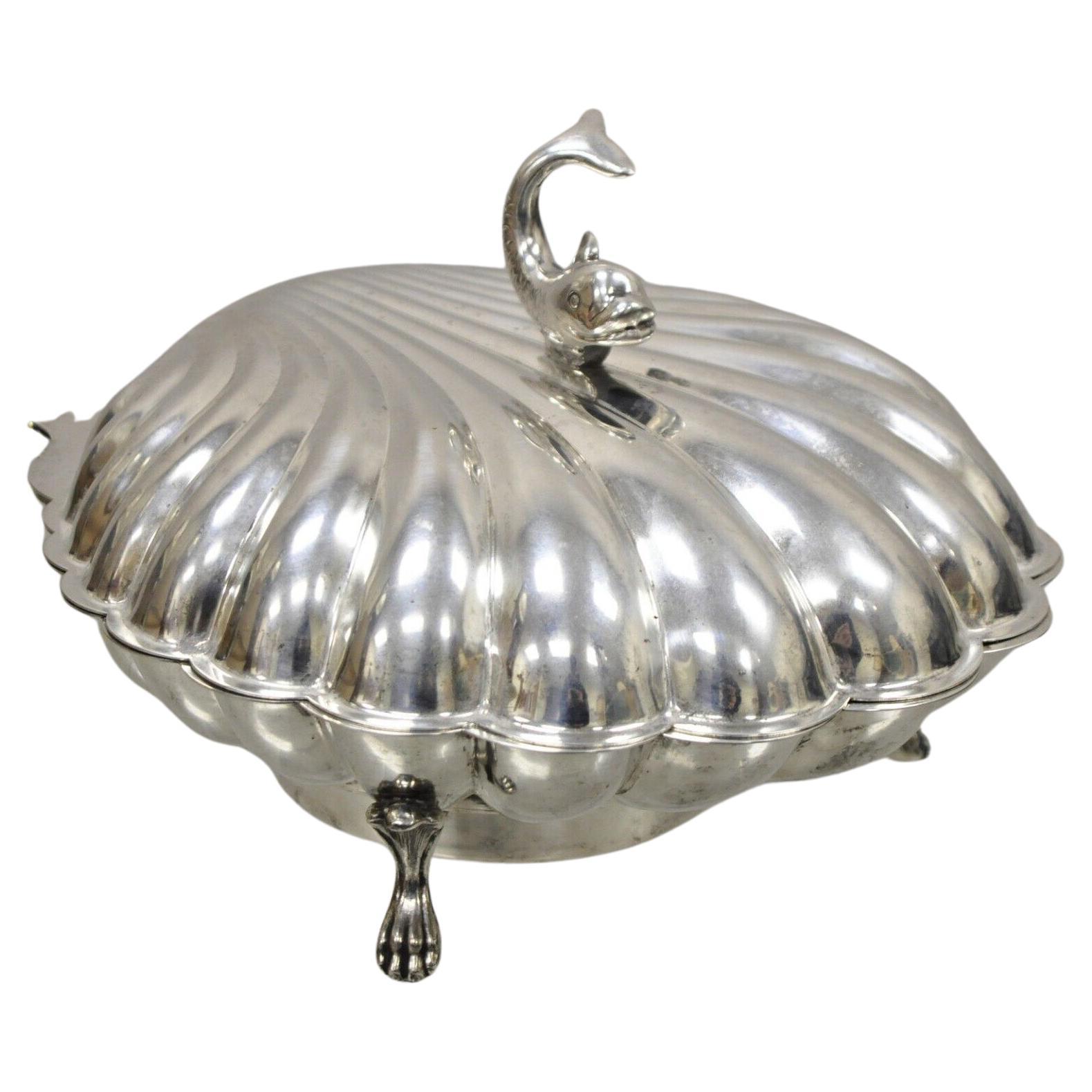 Vintage Eton Dolphin Handle Clam Shell Silver Plated Electrified Bun Warmer For Sale