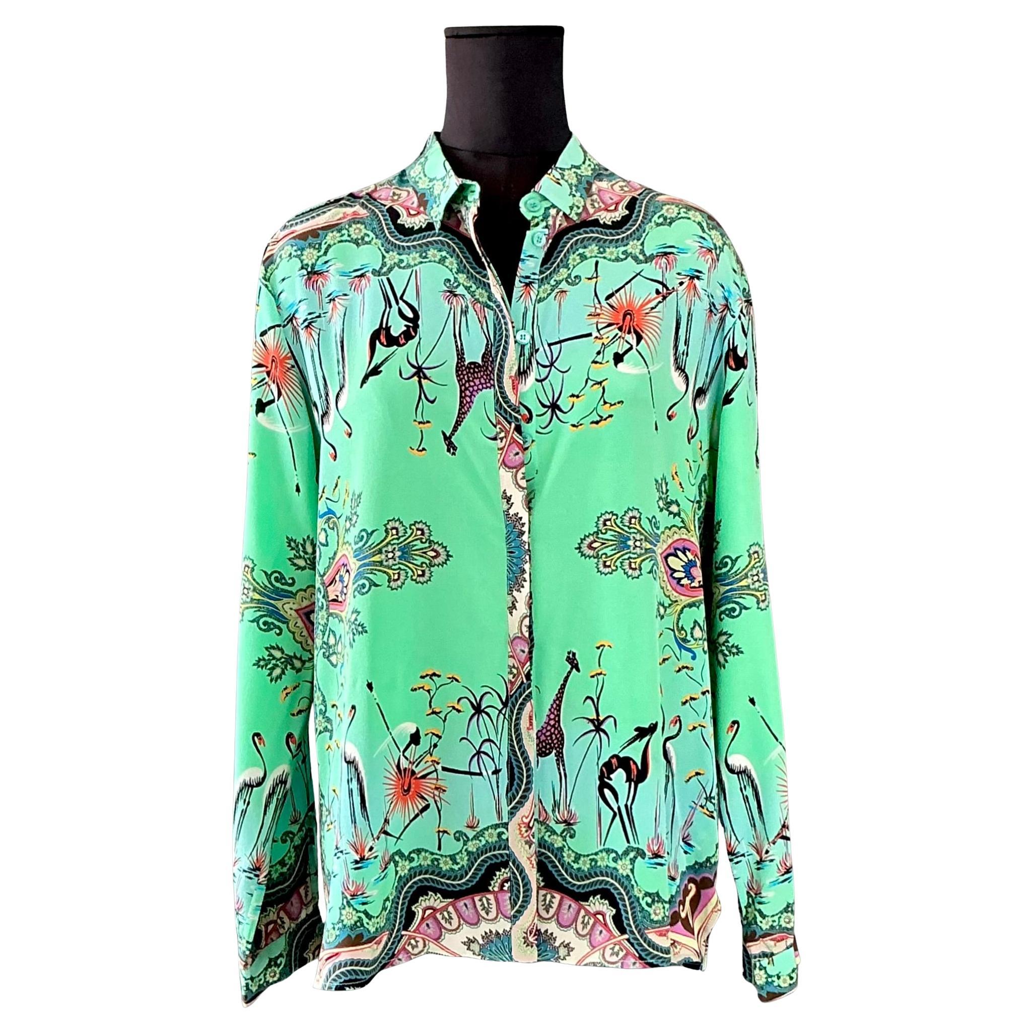 Vintage Etro Green Bird Silk Blouse