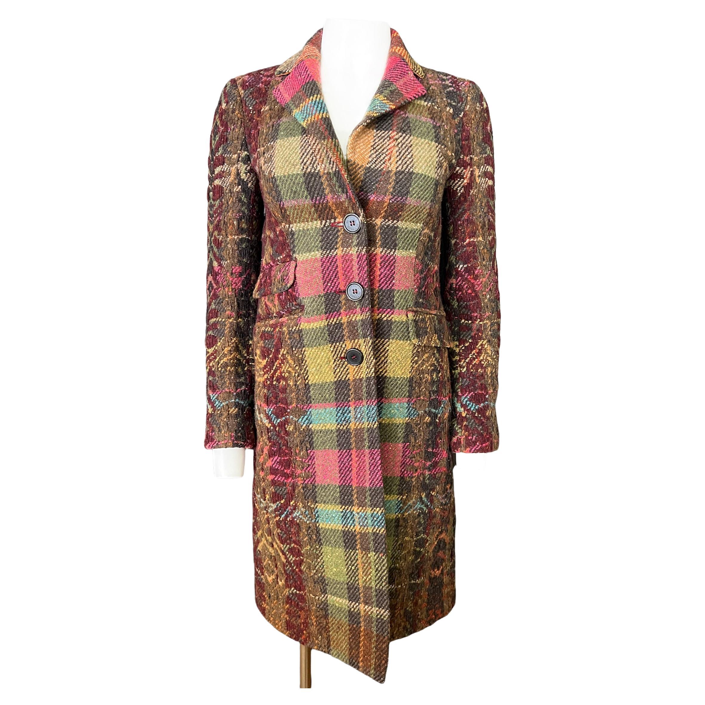 Vintage Etro Milano Multicolored Wool Coat Jacket, Size 38 For Sale