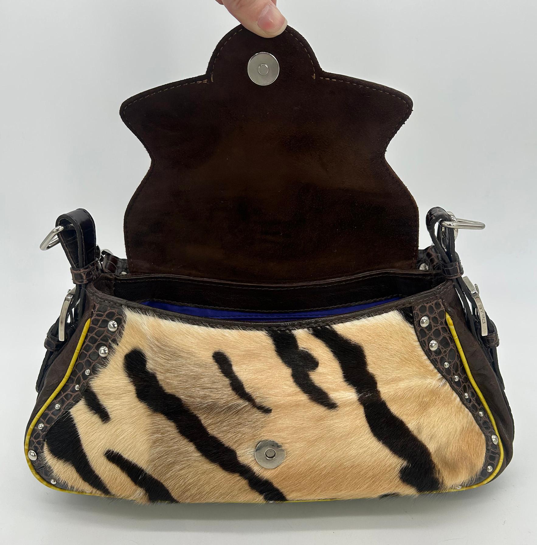 Vintage ETRO Pony Hair Crocodile Studded Leather Baguette Shoulder Bag For Sale 5