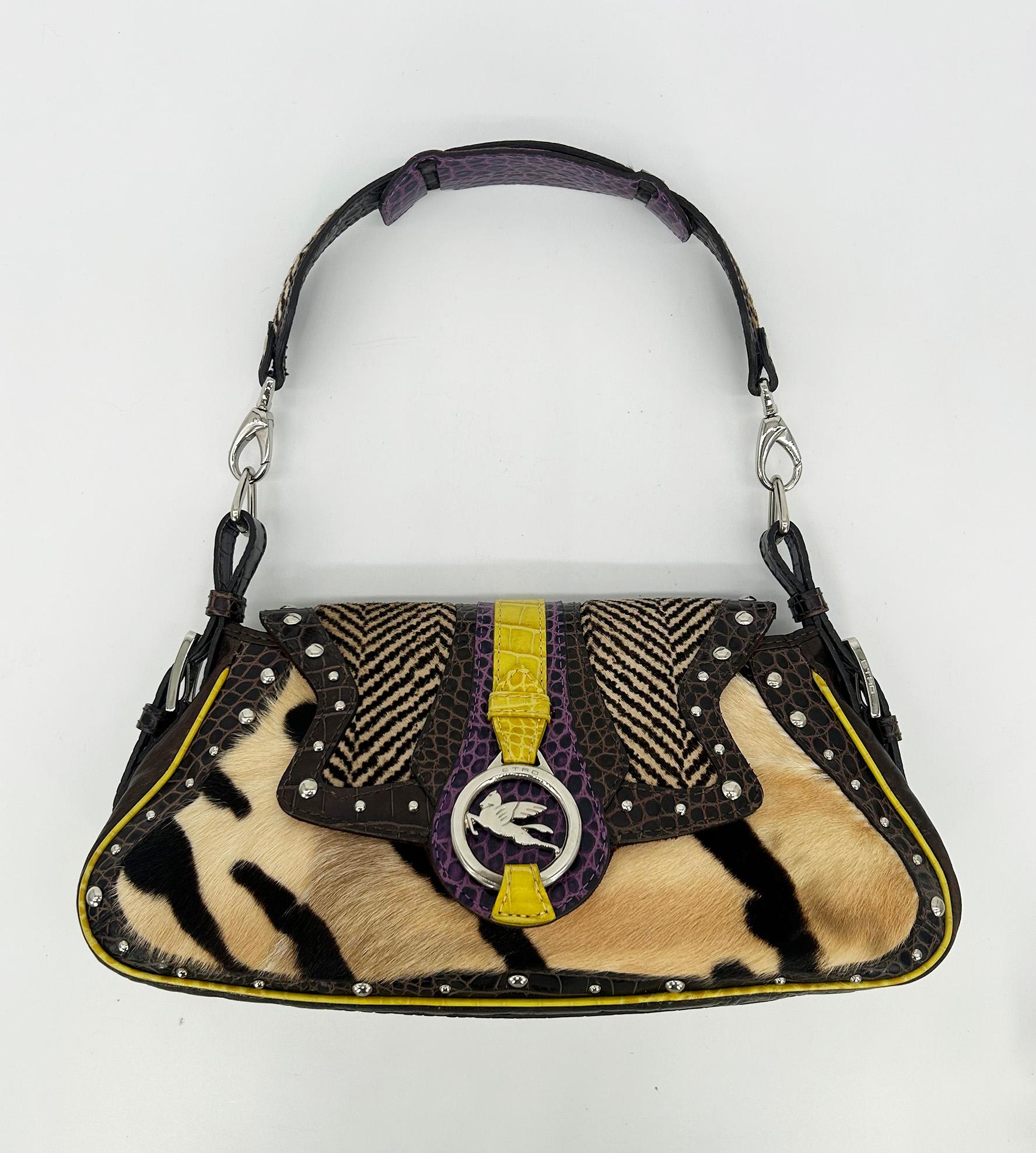 Vintage ETRO Pony Hair Crocodile Studded Leather Baguette Shoulder Bag For Sale 9