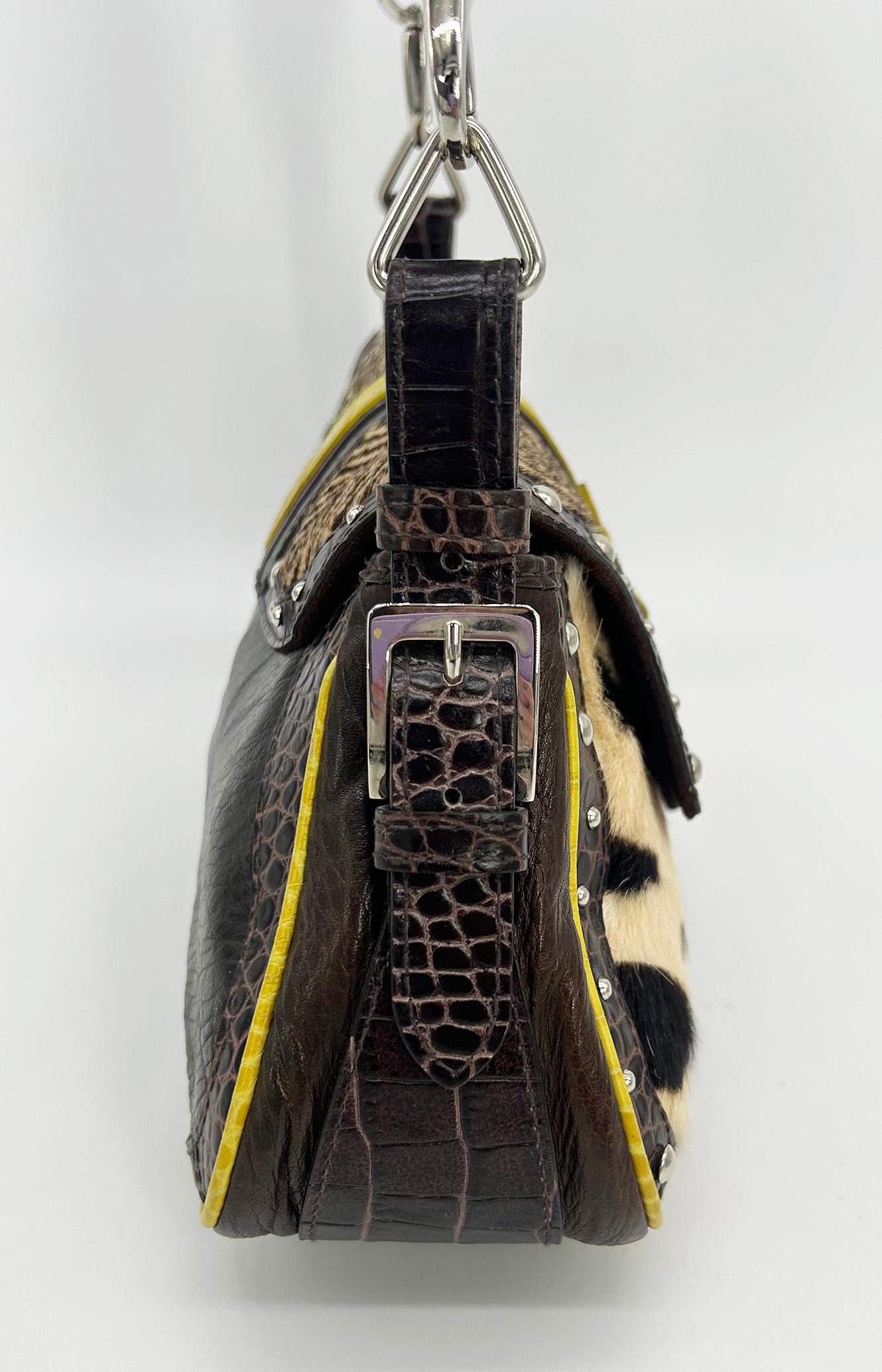Vintage ETRO Pony Hair Crocodile Studded Leather Baguette Shoulder Bag in very good condition. Multi color and media leather exterior trimmed with silver hardware in classic Y2K era baguette style. Unique animal print pony hair along front and top