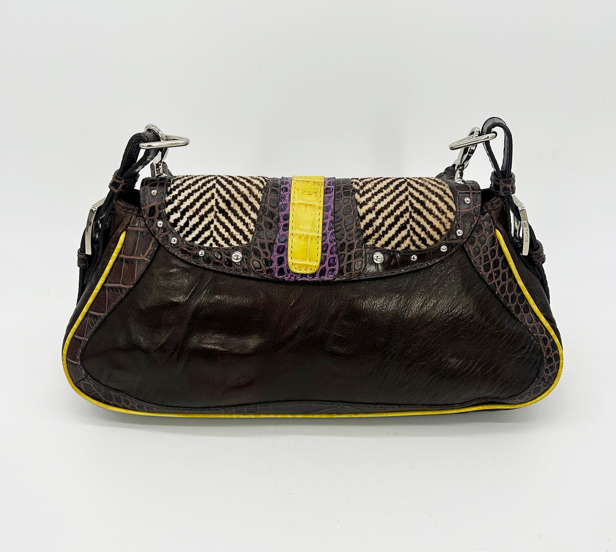 Black Vintage ETRO Pony Hair Crocodile Studded Leather Baguette Shoulder Bag For Sale