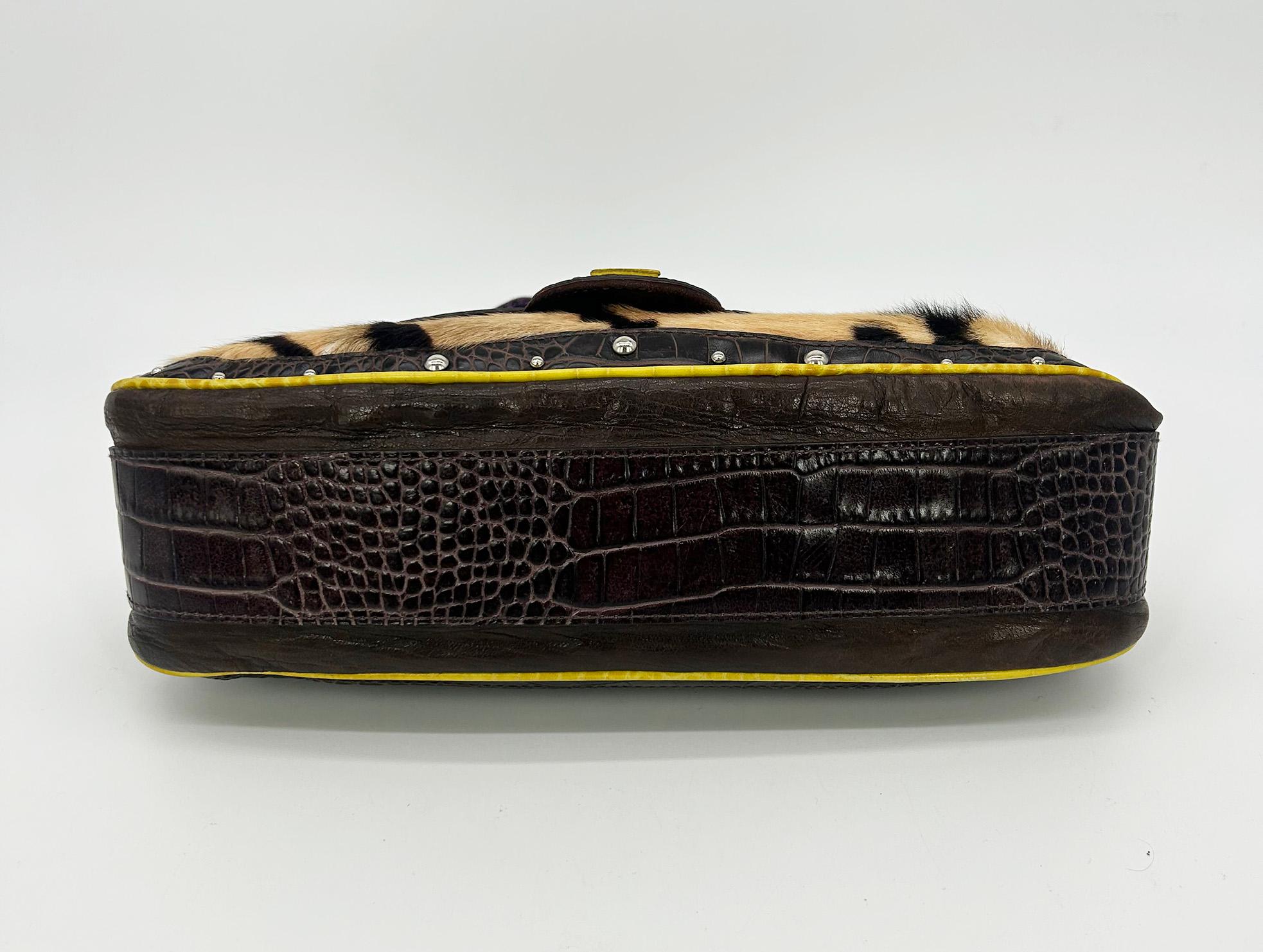 Vintage ETRO Pony Hair Crocodile Studded Leather Baguette Shoulder Bag In Good Condition For Sale In Philadelphia, PA