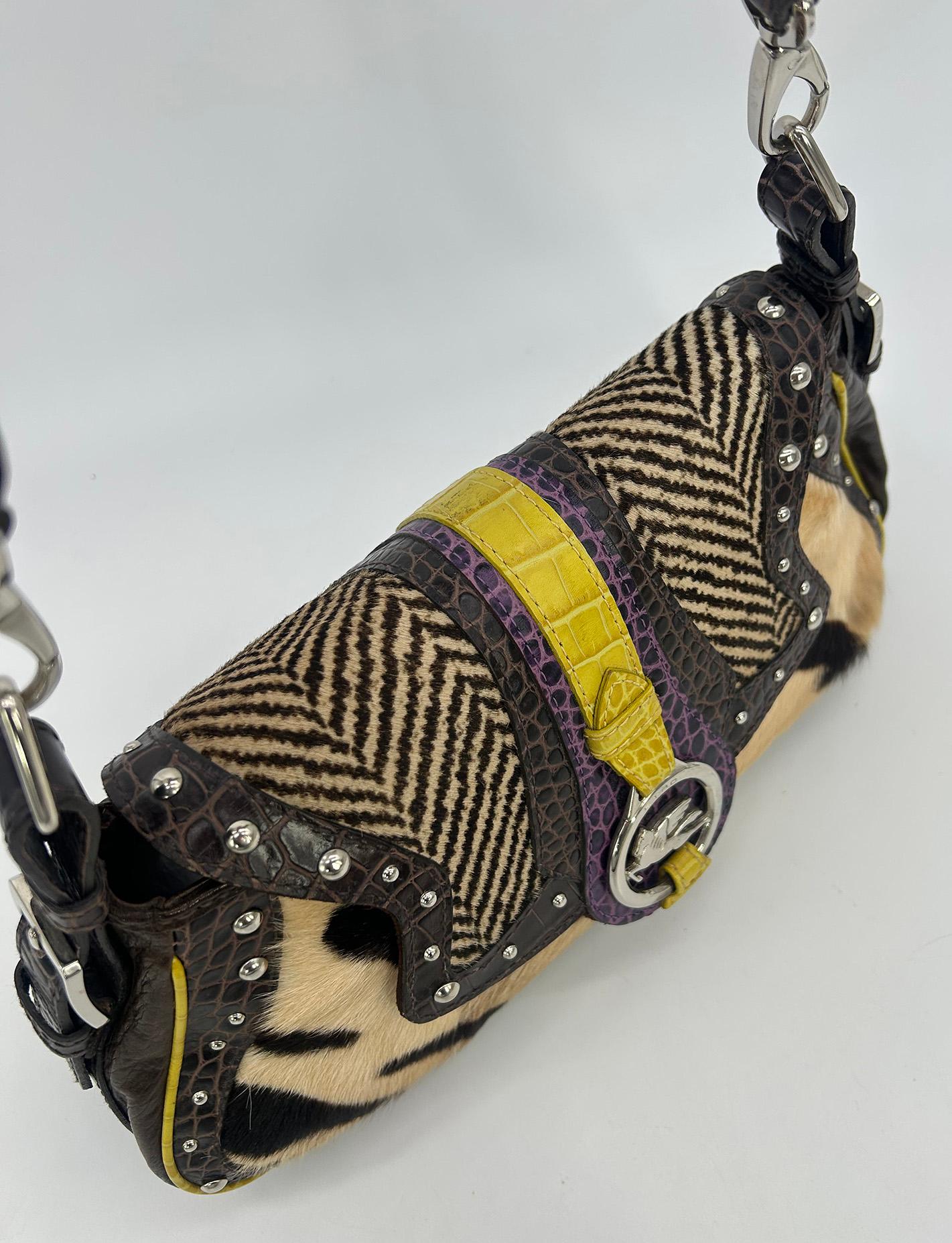 Women's Vintage ETRO Pony Hair Crocodile Studded Leather Baguette Shoulder Bag For Sale