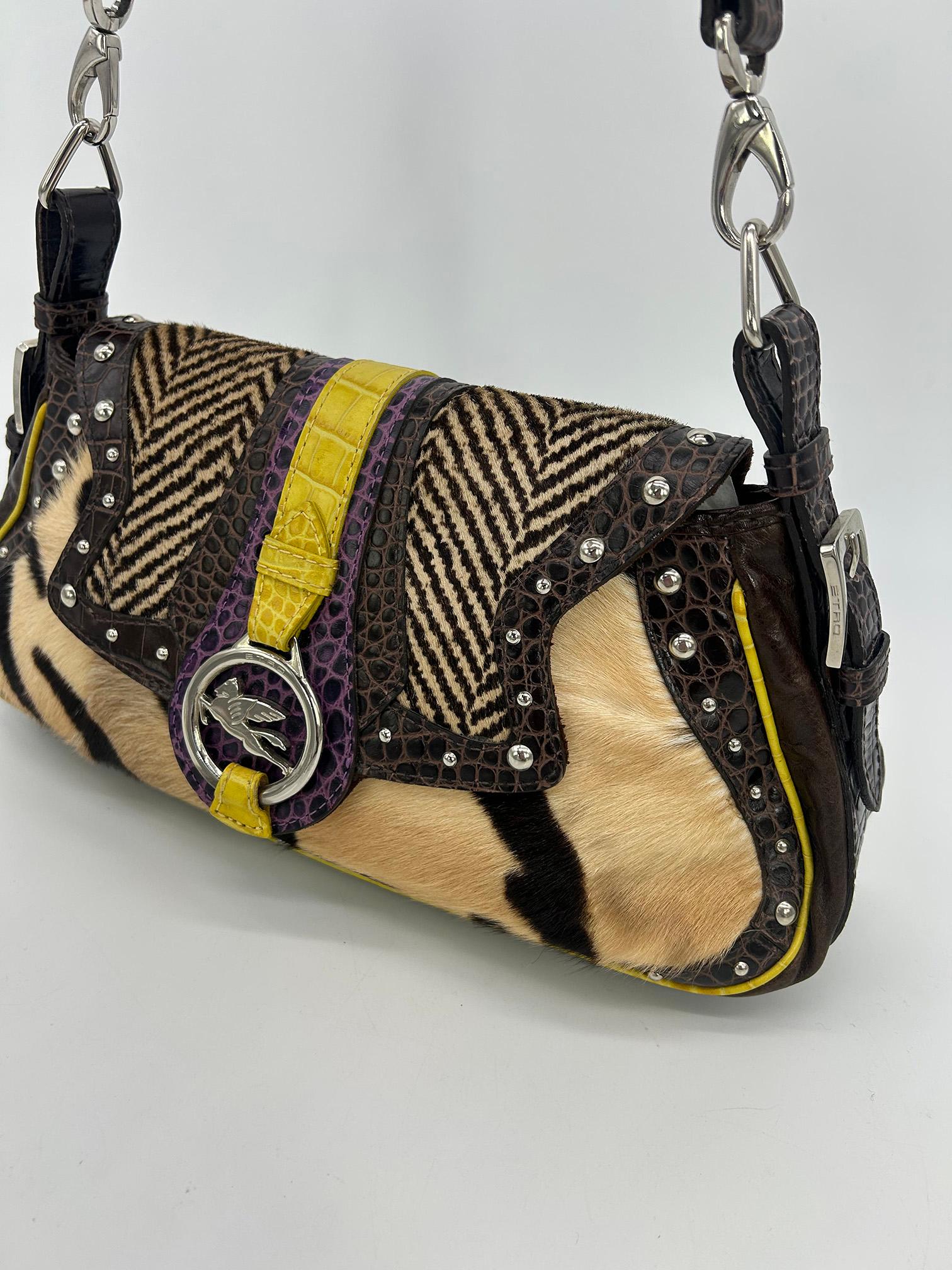 Vintage ETRO Pony Hair Crocodile Studded Leather Baguette Shoulder Bag For Sale 3