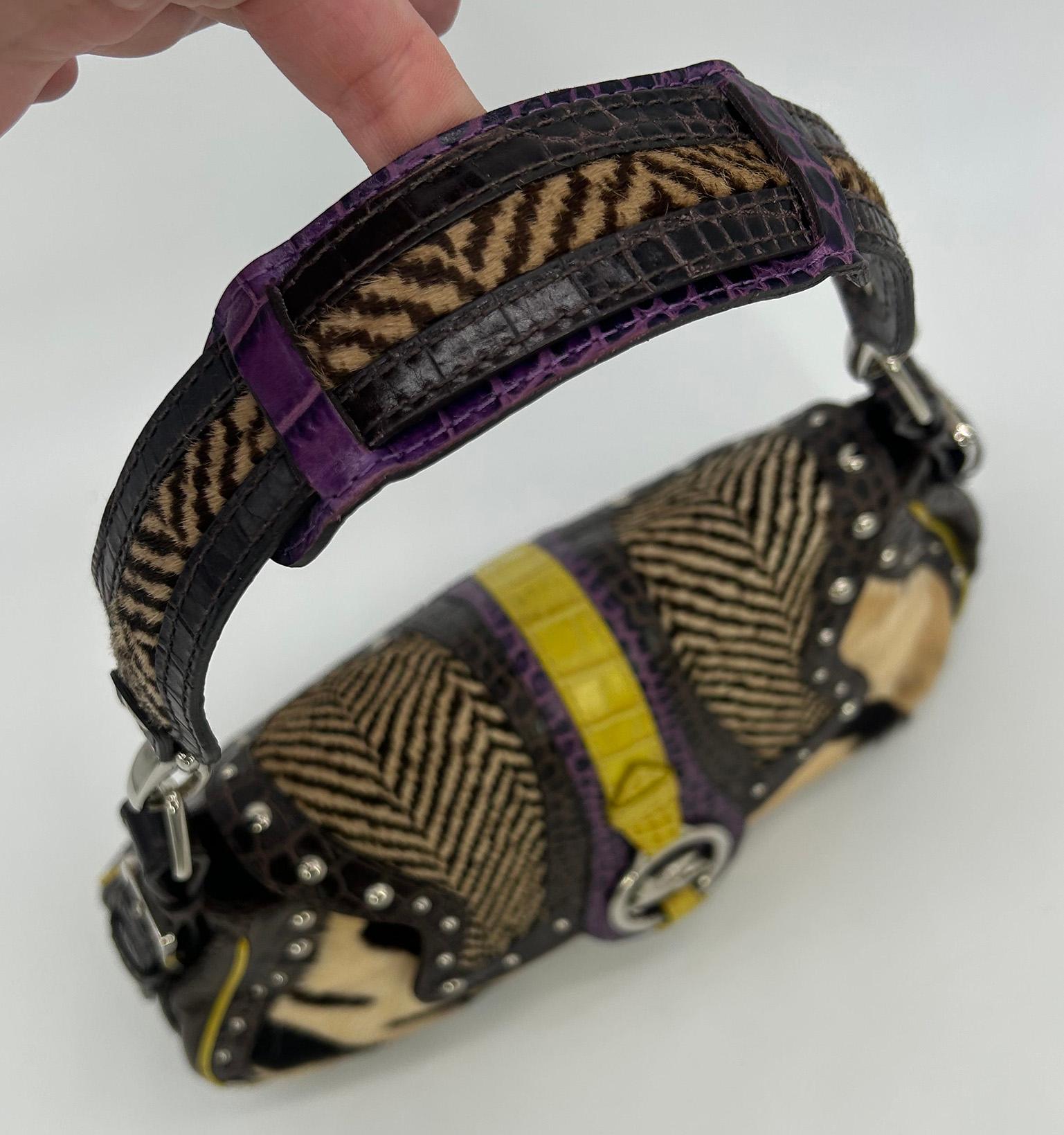 Vintage ETRO Pony Hair Crocodile Studded Leather Baguette Shoulder Bag For Sale 4