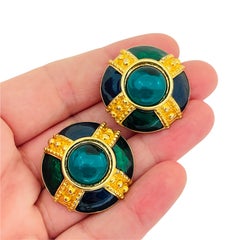 Vintage Etruscan gold enamel glass Maltese cross designer runway clip on earring