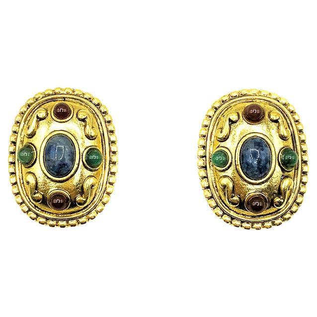 Vintage Etruscan Gold Gem Earrings 1980S For Sale