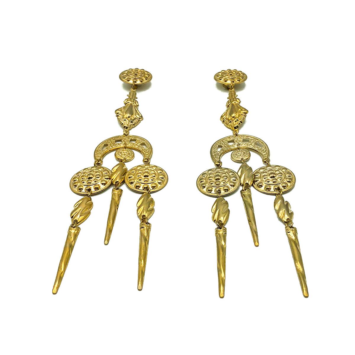 A seriously dramatic pair of Vintage Etruscan Chandelier Earrings. Featuring shoulder duster proportions and fabulous details with crescents, spires and circular motifs all wonderfully embellished. 
Vintage Condition: Very good without damage or