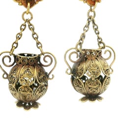 Vintage Etruscan Revival 14k Gold Filigree Wire Work Vase Dangle Drop Earrings