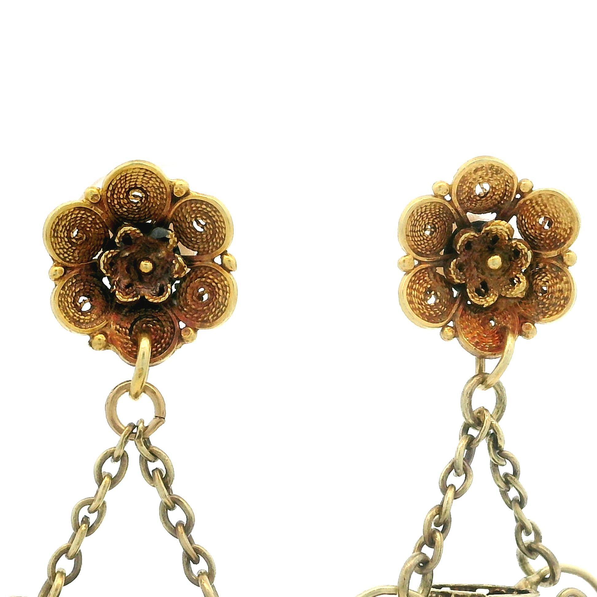 Vintage Etruscan Revival 14k Gold Filigree Wire Work Vase Dangle Drop Earrings For Sale 4