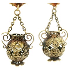 Vintage Etruscan Revival 14k Gold Filigree Wire Work Vase Dangle Drop Earrings