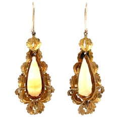 Vintage Etruscan Revival 14k Gold Teardrop Citrine Leaf Foliage Large Earrings