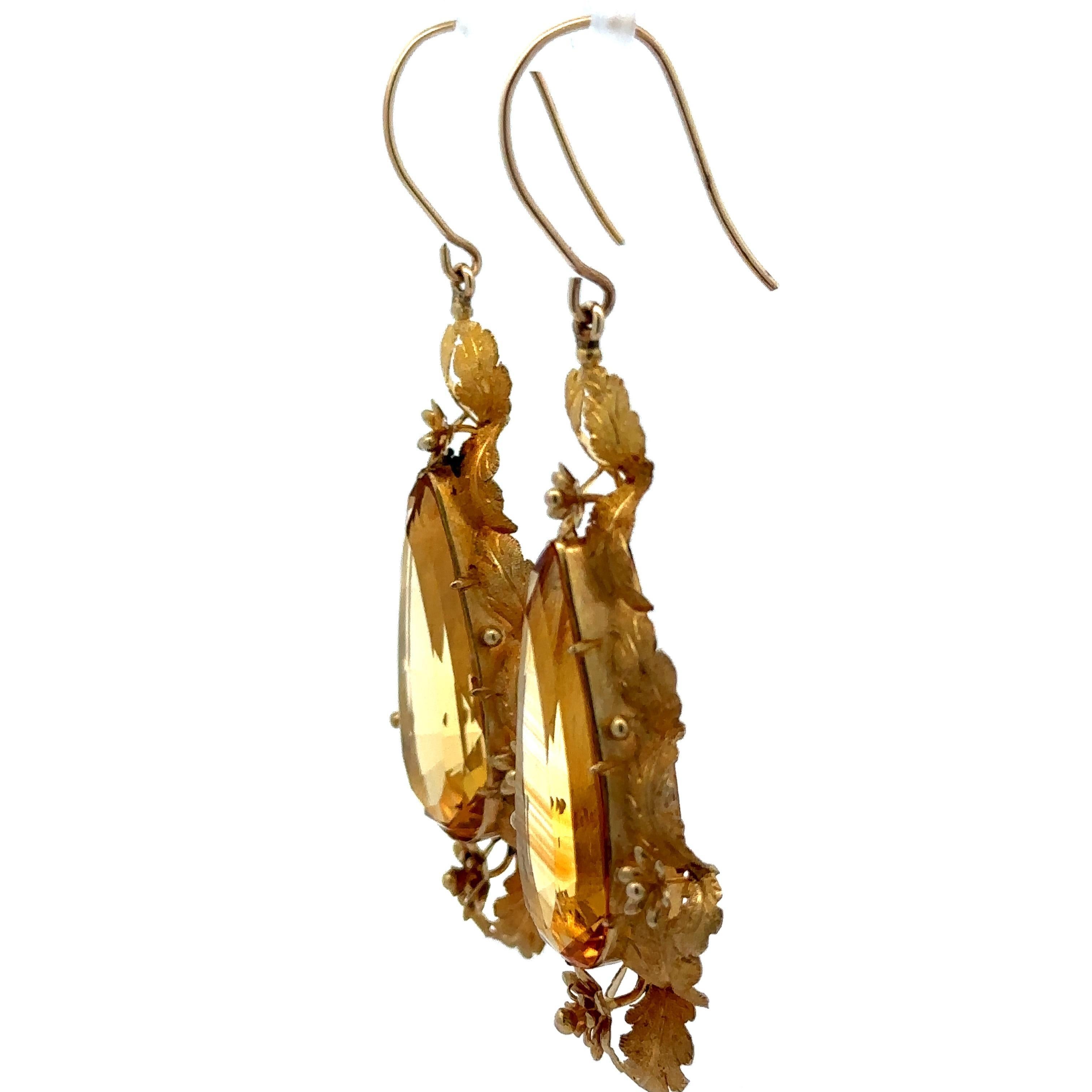Pear Cut Vintage Etruscan Revival 14k Gold Teardrop Citrine Leaf Foliage Large Earrings For Sale