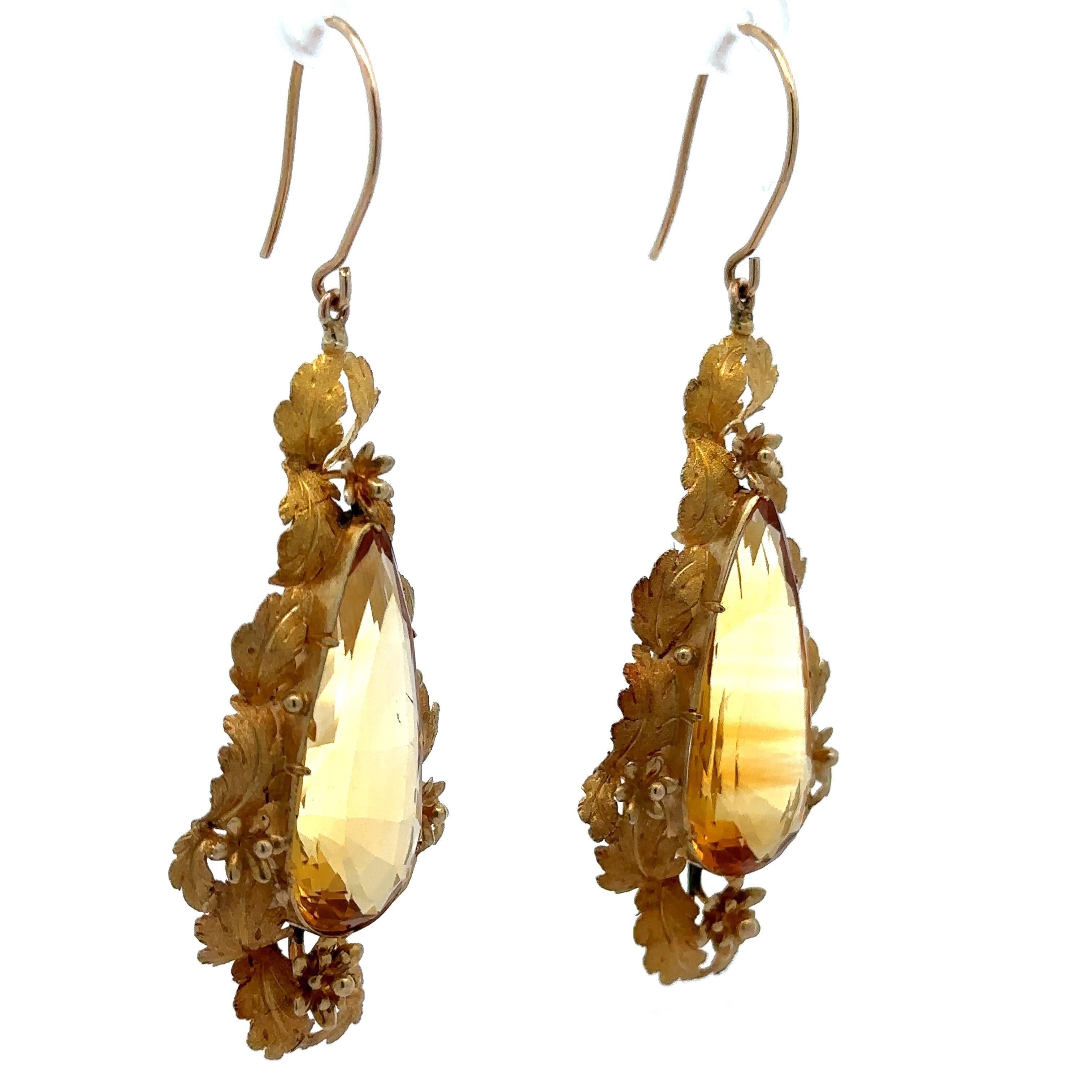 Women's Vintage Etruscan Revival 14k Gold Teardrop Citrine Leaf Foliage Large Earrings For Sale