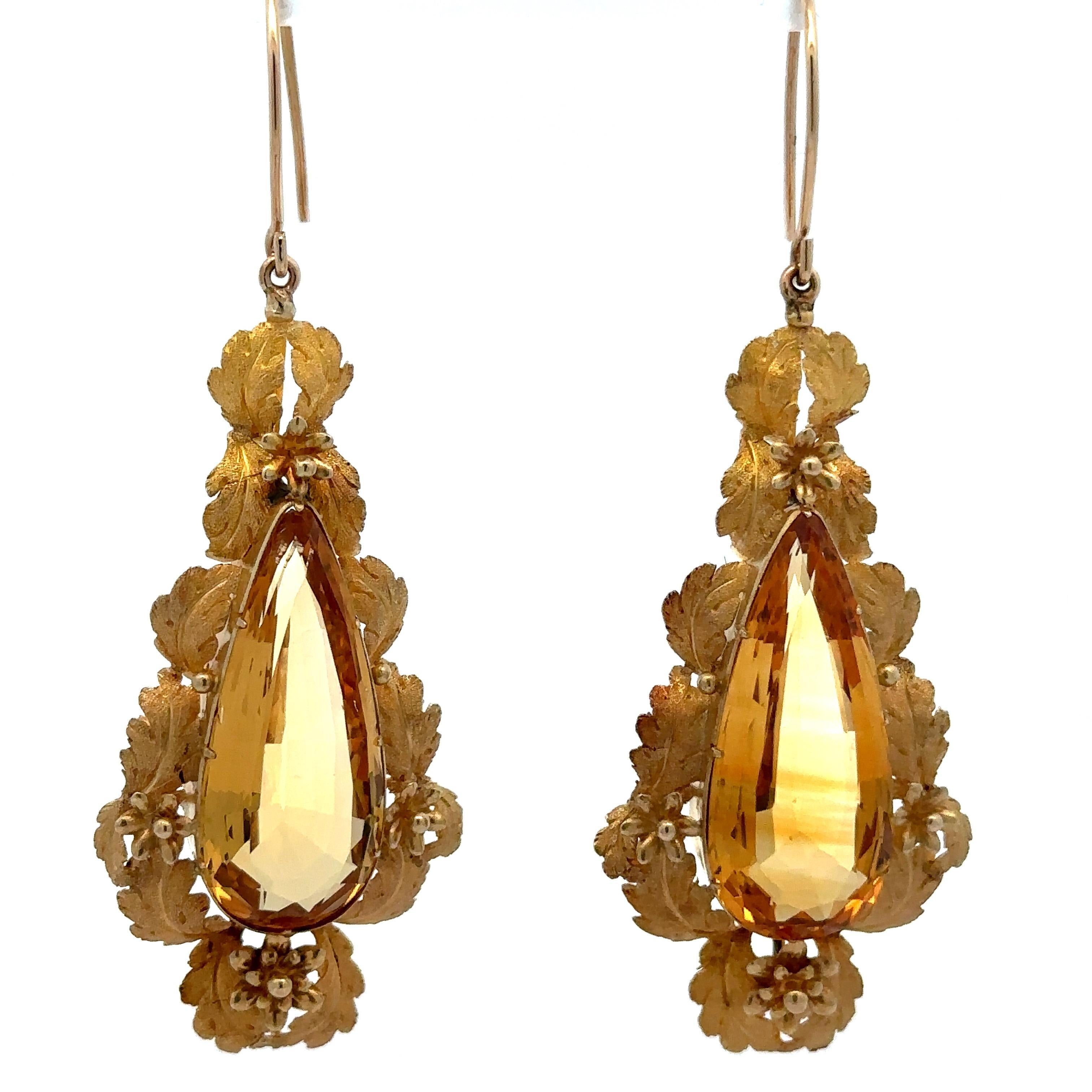 Vintage Etruscan Revival 14k Gold Teardrop Citrine Leaf Foliage Large Earrings For Sale 1