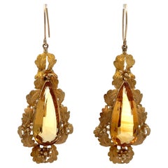 Vintage Etruscan Revival 14k Gold Teardrop Citrine Leaf Foliage Large Earrings